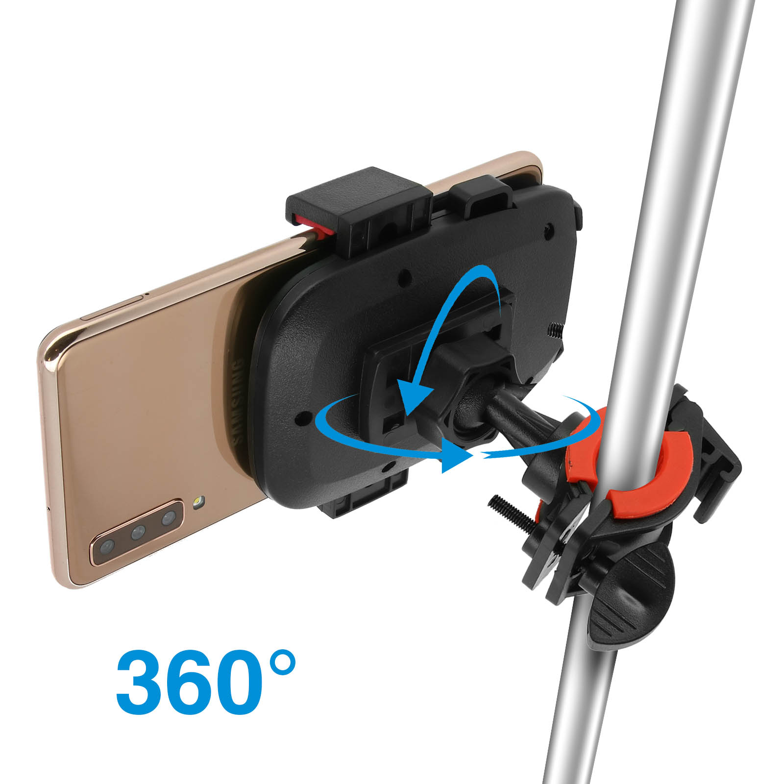 Un téléphone monté sur une barre métallique avec une pince. Il peut pivoter à 360 degrés.