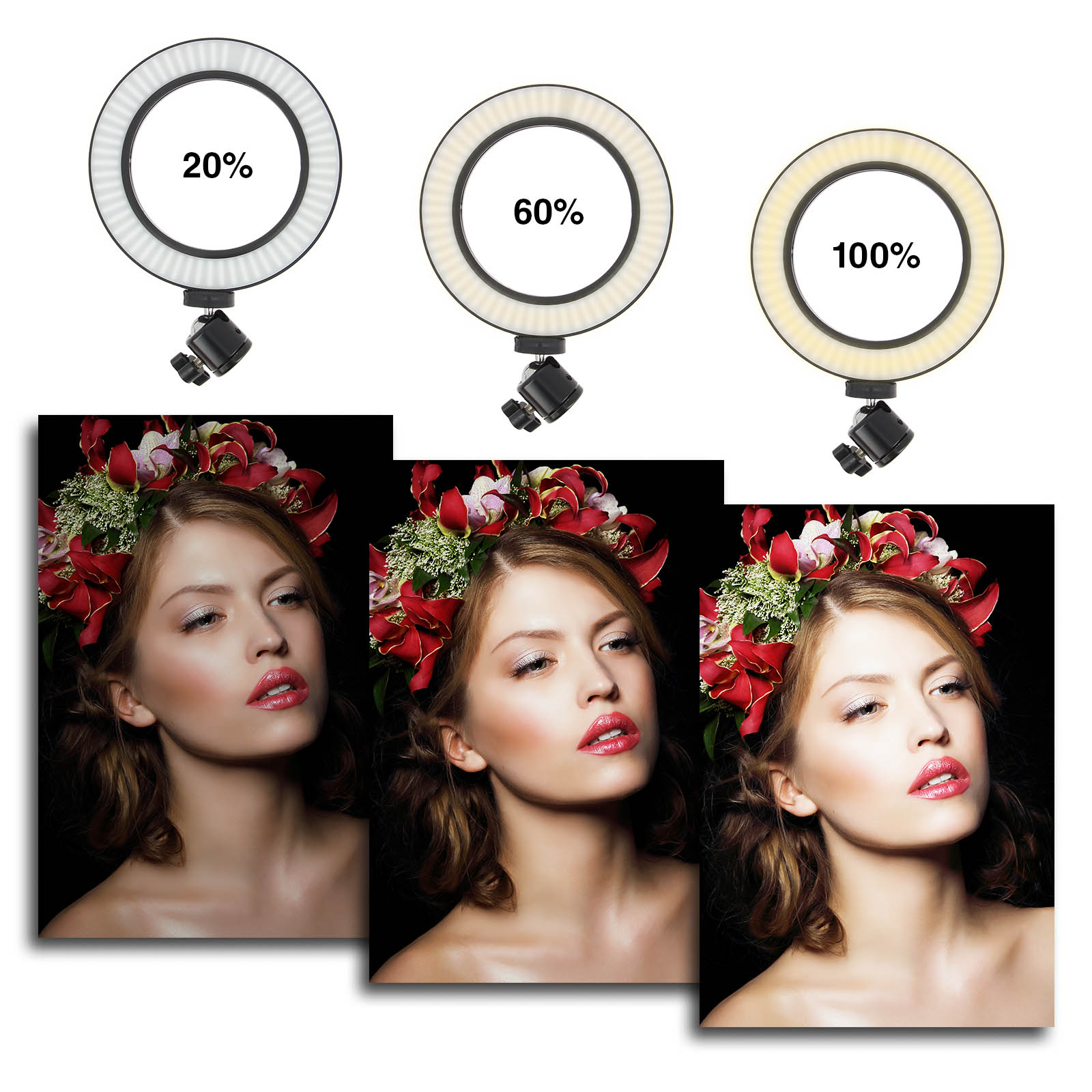 Trois anneaux lumineux à différents niveaux de luminosité, avec des images d'une femme avec une couronne de fleurs.