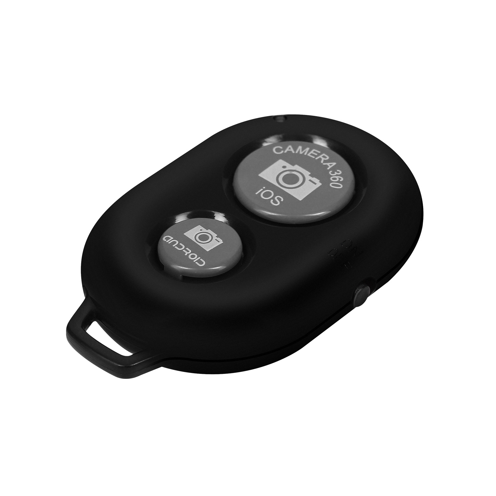 Un mando a distancia negro con dos botones con iconos de cámara para iOS y Android.