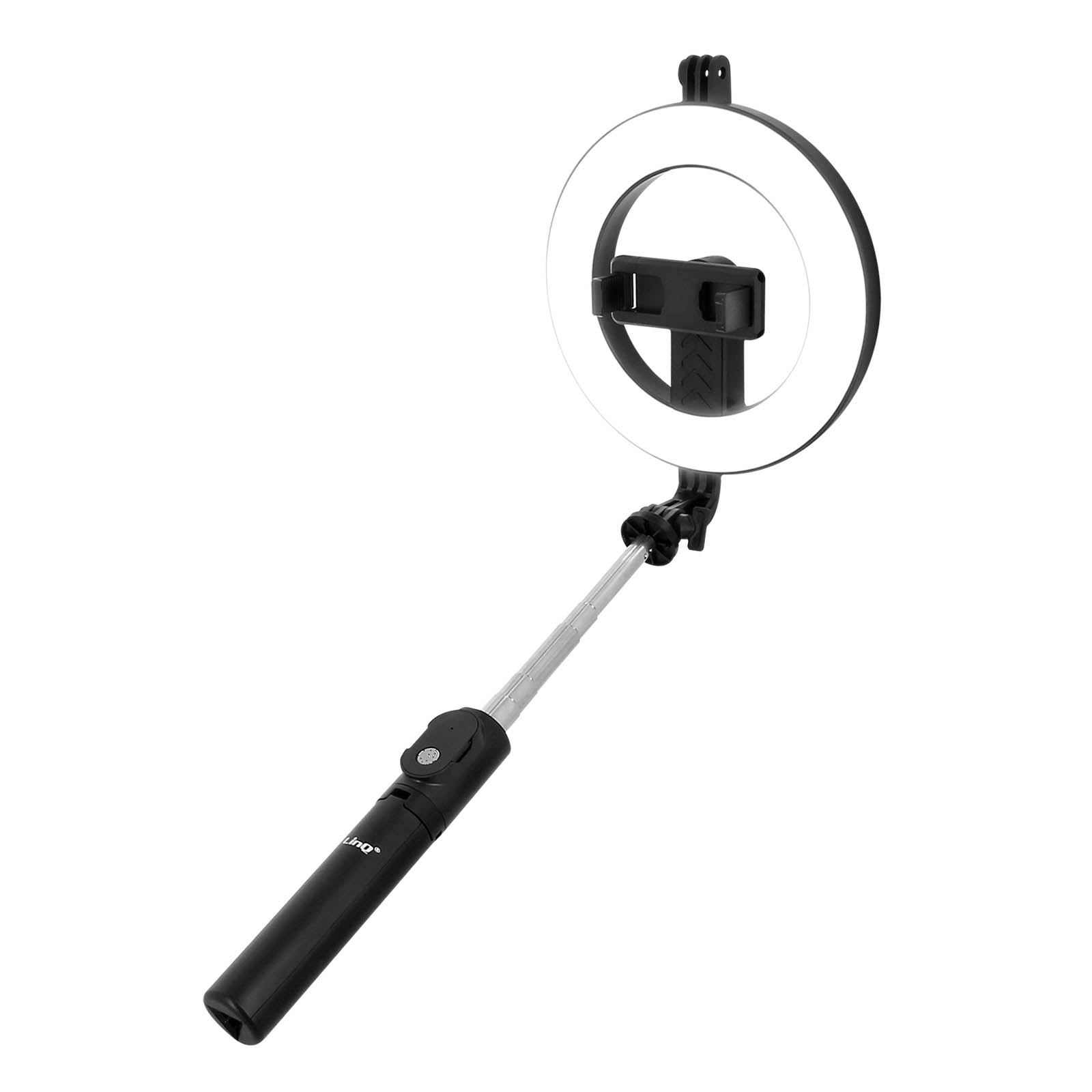 Schwarzer Selfie-Stick mit Ringlicht. Das Licht ist weiß, der Hintergrund weiß.