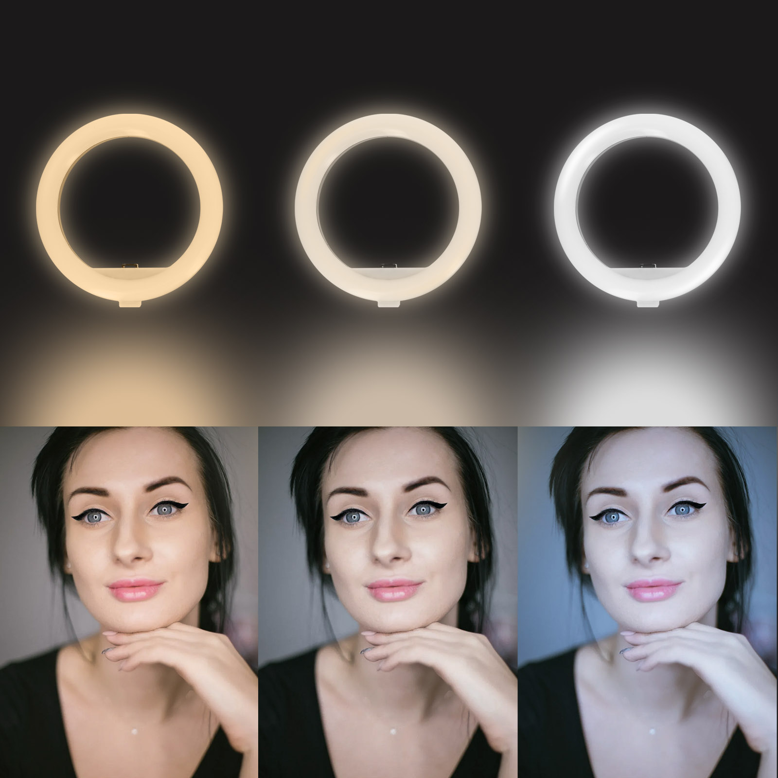 Drei Ringlichter über dem Gesicht einer Frau mit unterschiedlichen Farbtemperaturen. Drei Lichter in einer Reihe.