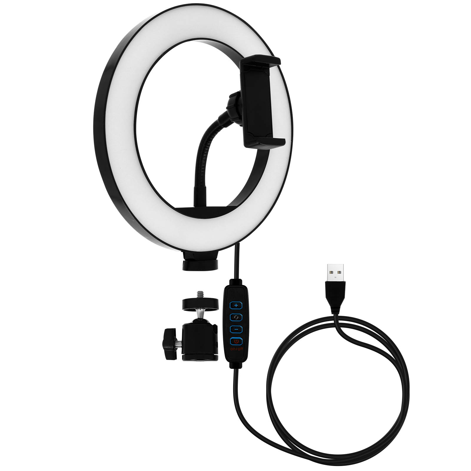 Ein Ringlicht mit Telefonhalter, schwarzem Kabel und USB-Stecker.
