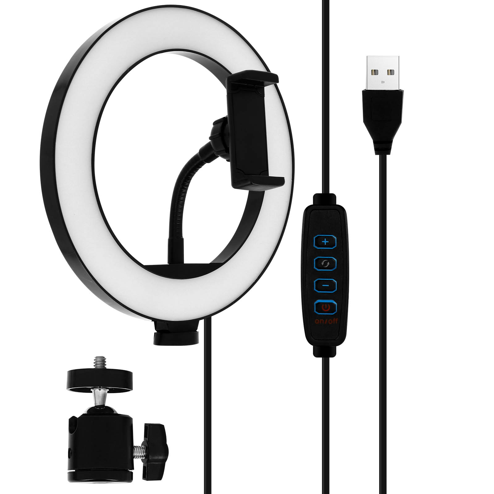 Lampe annulaire circulaire avec support de téléphone et câble USB, tout noir.