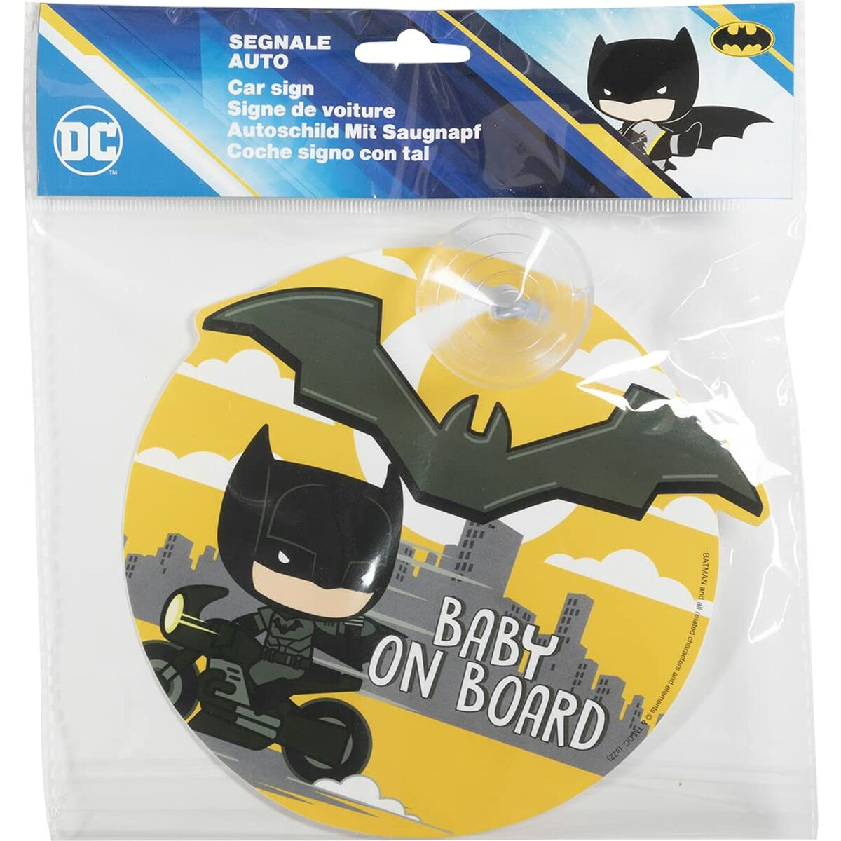 Batman Baby on Board Schild. Gelber Hintergrund mit Batman und Stadtgrafik. Saugnapf befestigt.