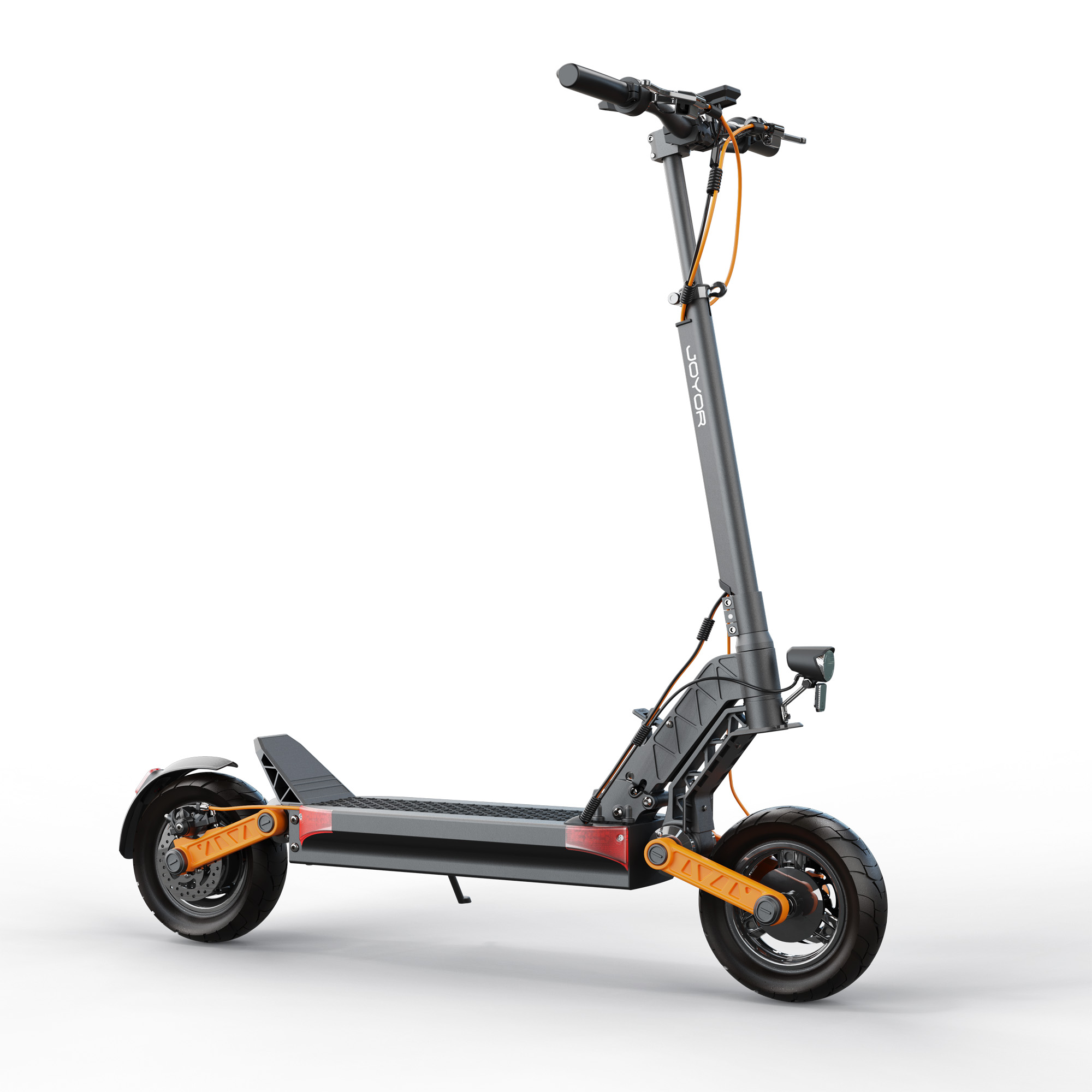 Grauer Elektroroller auf weißem Hintergrund. Orange Akzente an Rädern und Rahmen.