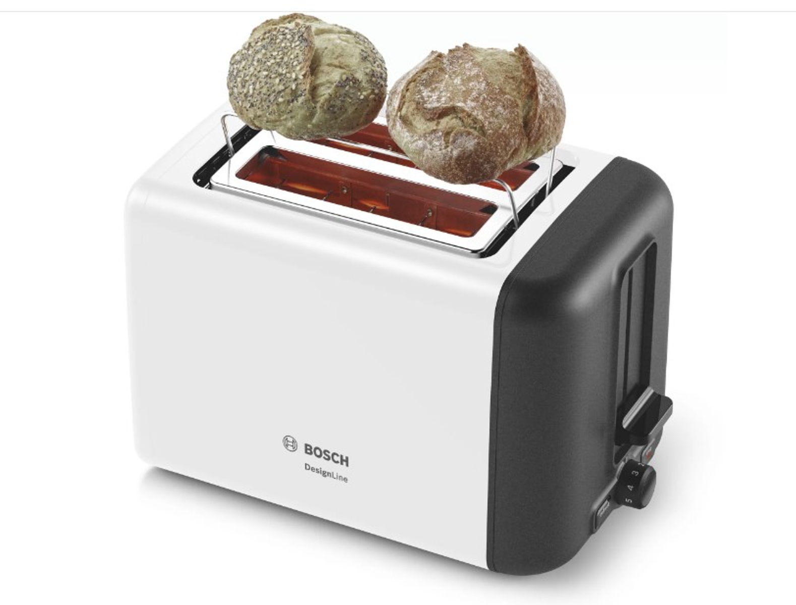 Weißer Toaster mit zwei Brötchen. Bosch-Logo vorne. Chromleisten.