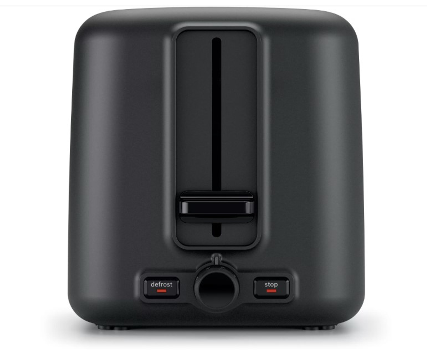Schwarzer Toaster, Vorderansicht. Er hat zwei Schlitze und Auftau- und Stopp-Tasten.