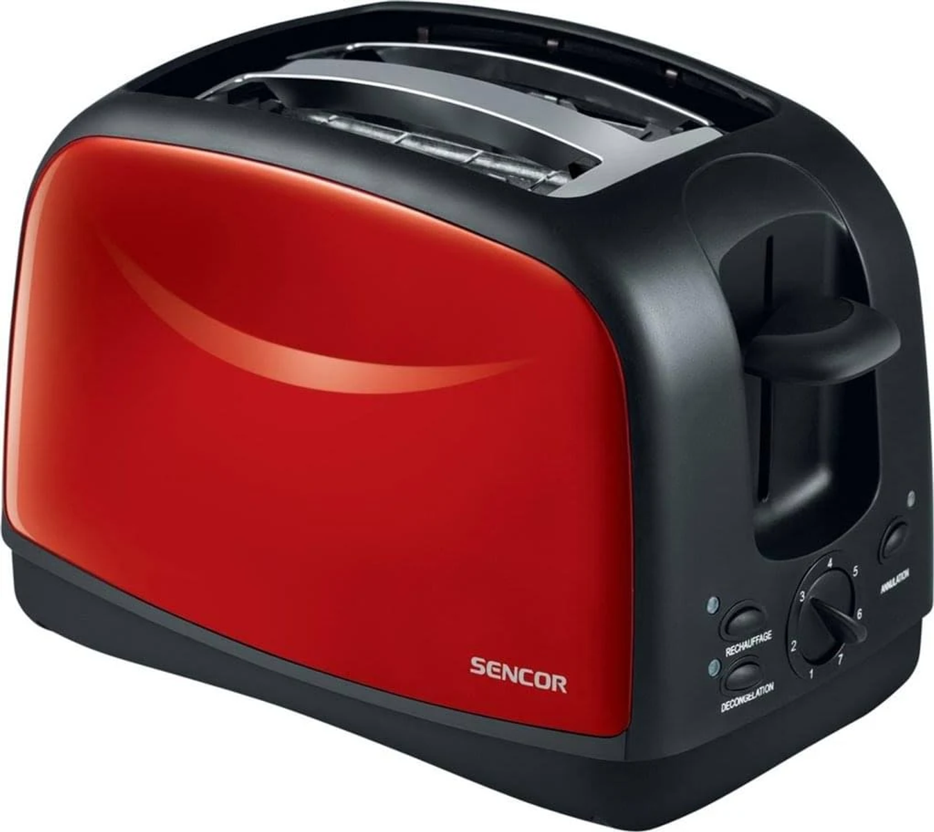 Una tostadora SENCOR roja y negra con botones para recalentar y descongelar.