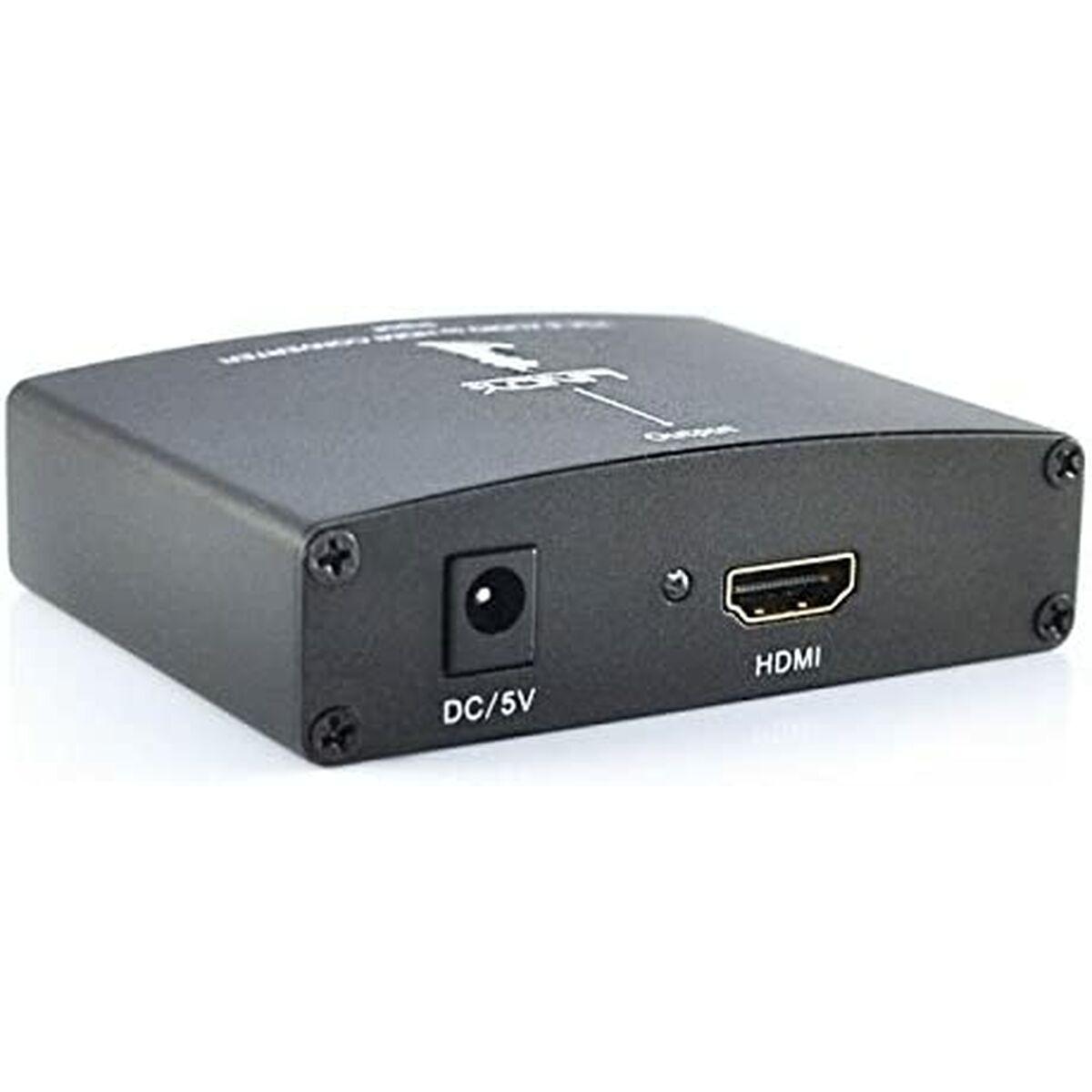 Schwarzer HDMI-Konverter mit Strom- und HDMI-Anschlüssen. Das Gerät befindet sich auf weißem Hintergrund.