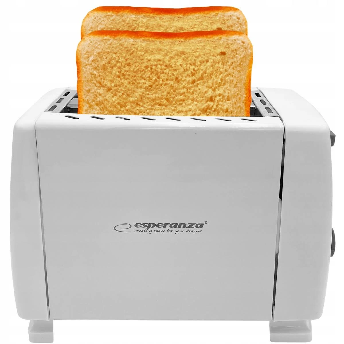Biały toster z dwoma kromkami chleba. Marka 'esperanza'.