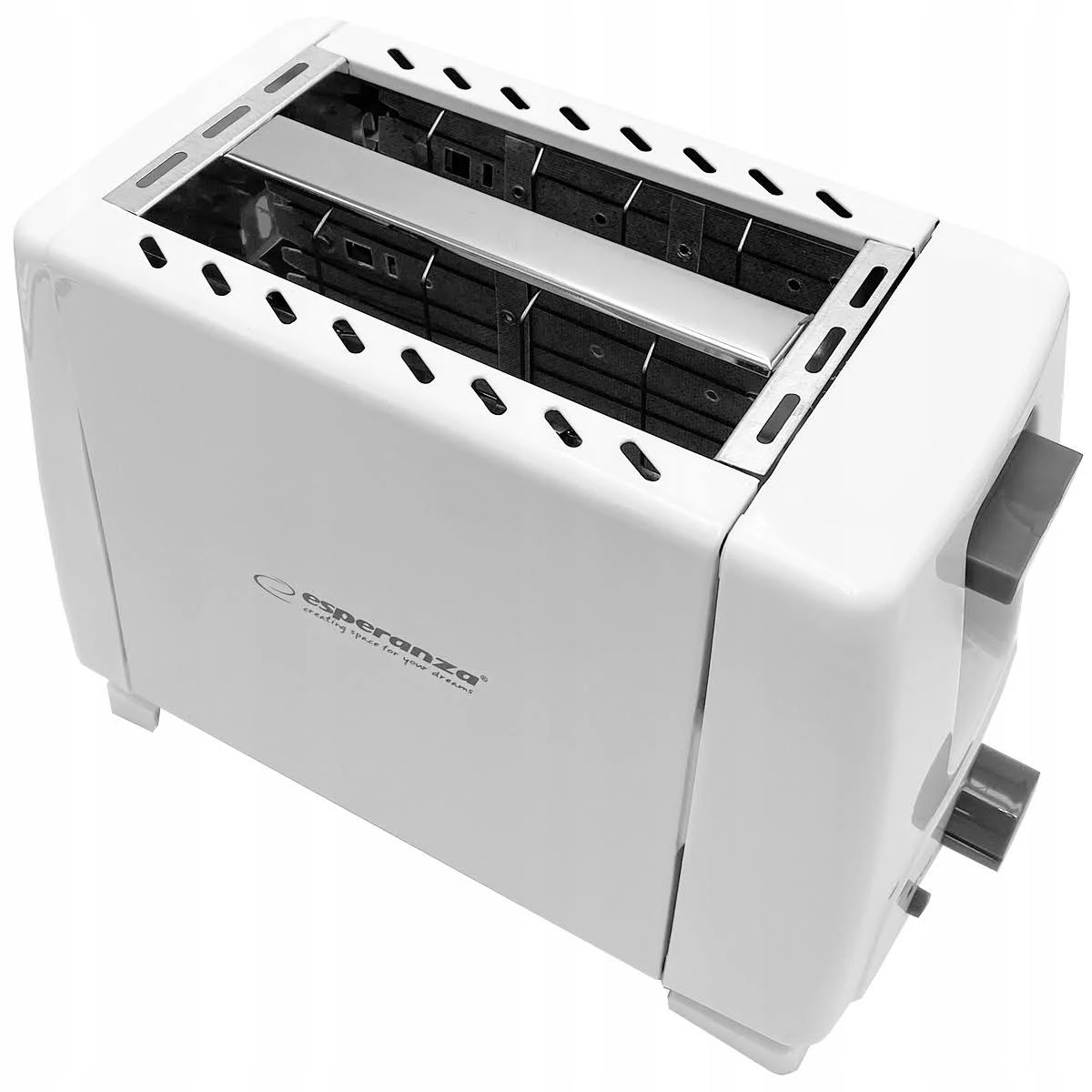 Biały toster z dwoma otworami. Ma białą obudowę i szare przyciski.