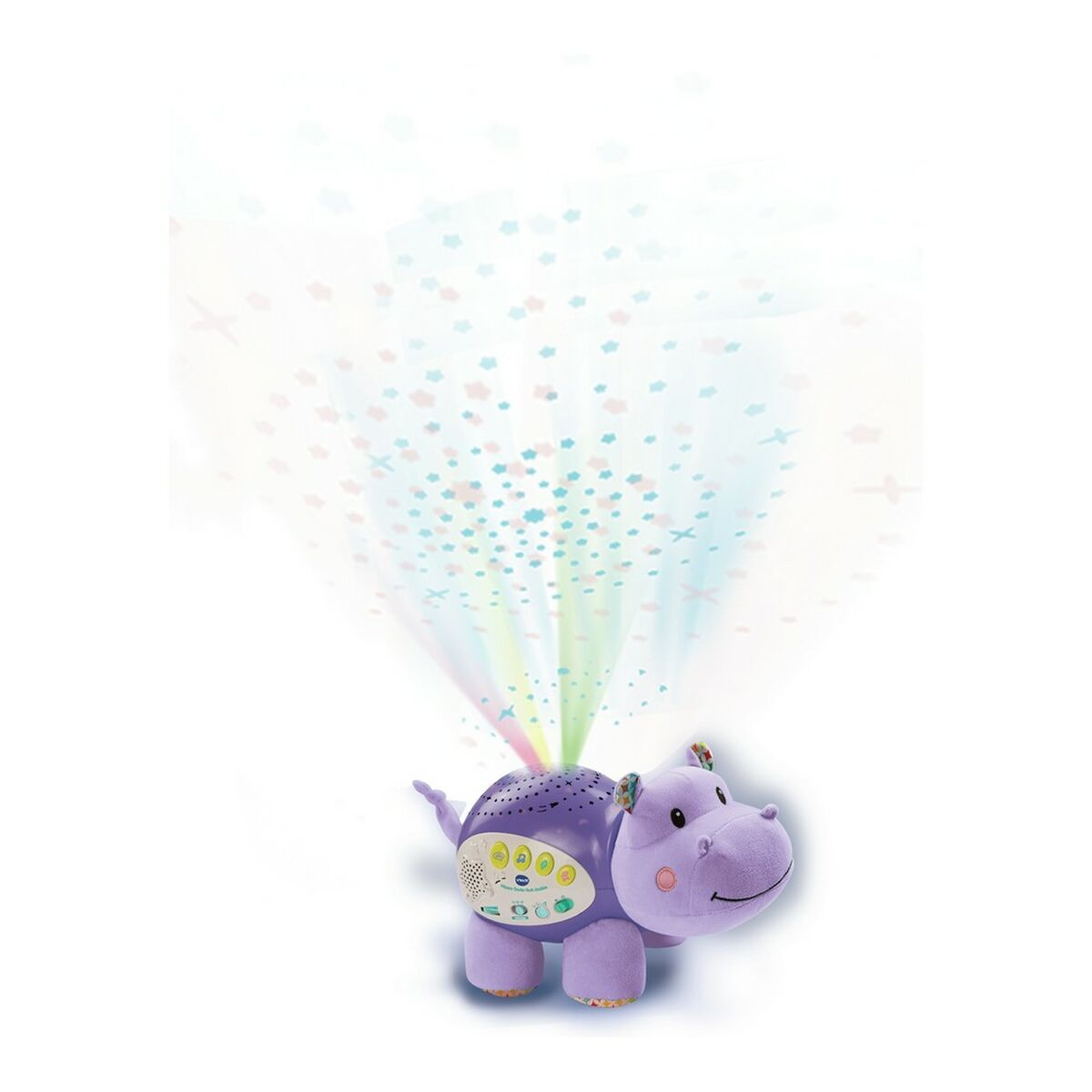 A purple hippo-shaped night light projects stars and colorful beams. Buttons on its side. White background.