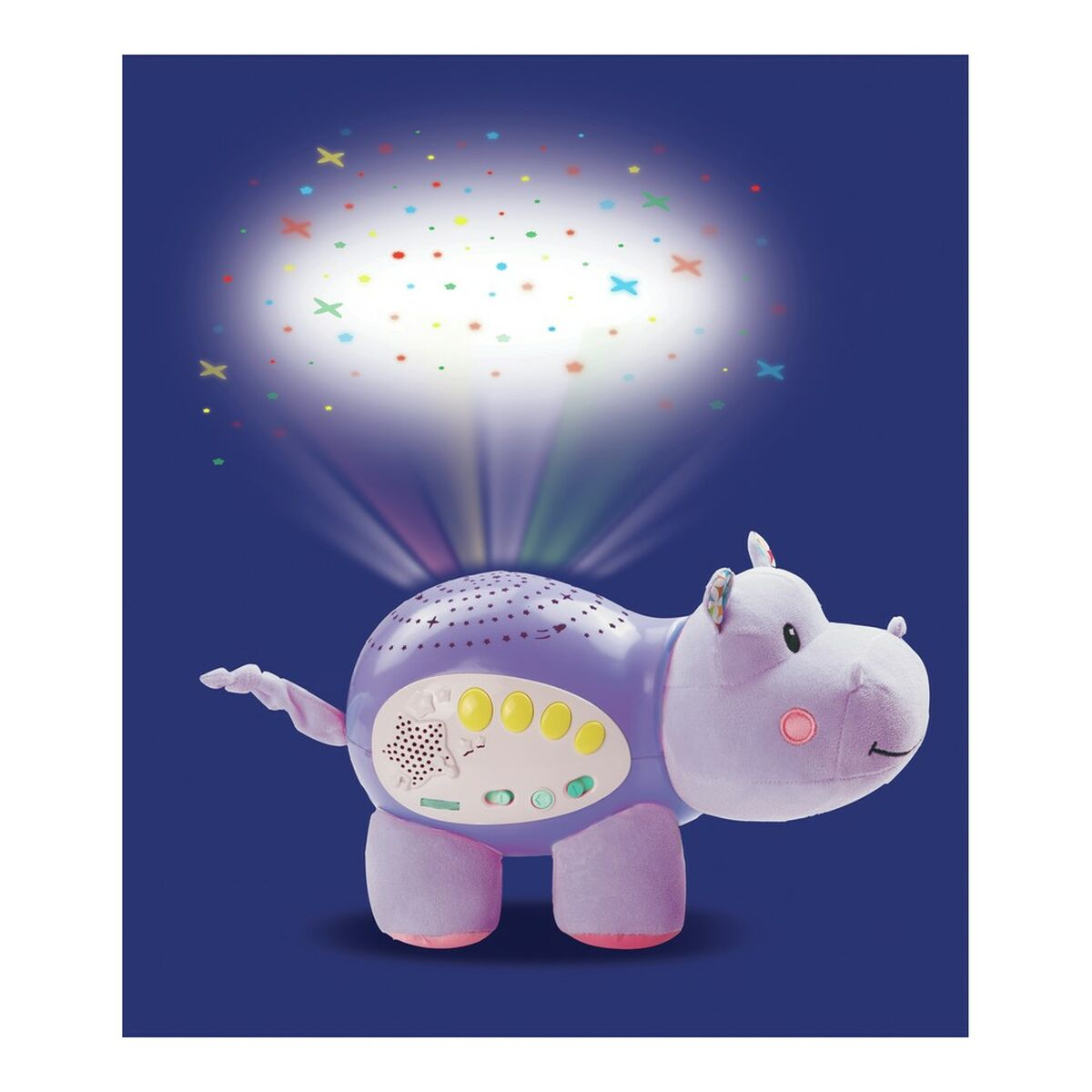 A purple hippo-shaped night light projects colorful stars. It has buttons and emits light from its back, set against a dark blue backdrop.
