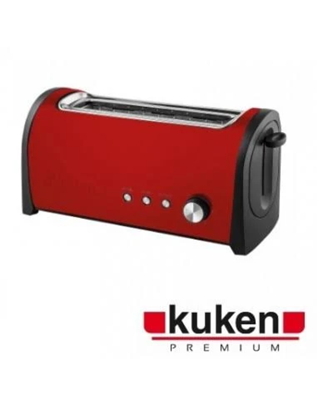 Czerwony i czarny toster, z trzema przyciskami sterowania i srebrnym pokrętłem. Wyświetlana jest nazwa marki 'kuken'.