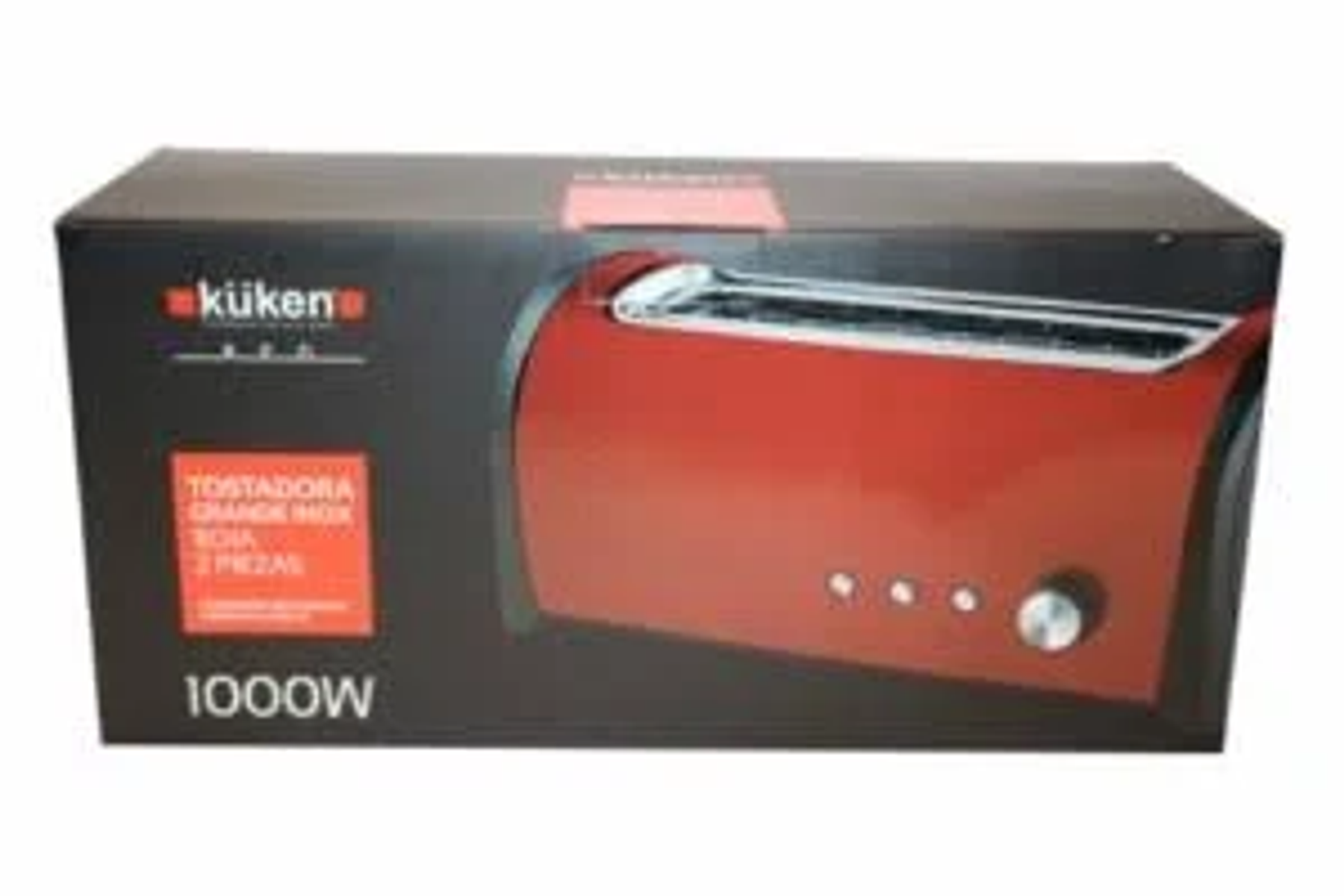 Toster w pudełku. Czerwony toster z czarnym przodem i chromowanym wierzchem.