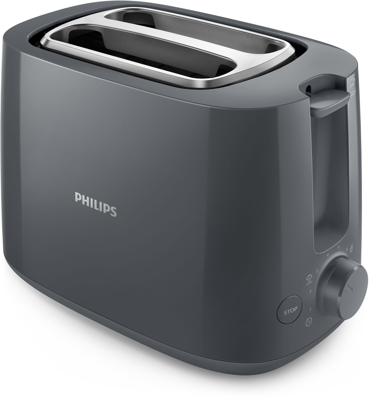 Een grijze Philips broodrooster. Het heeft een draaiknop en een stopknop aan de zijkant. De bovenkant heeft twee sleuven.