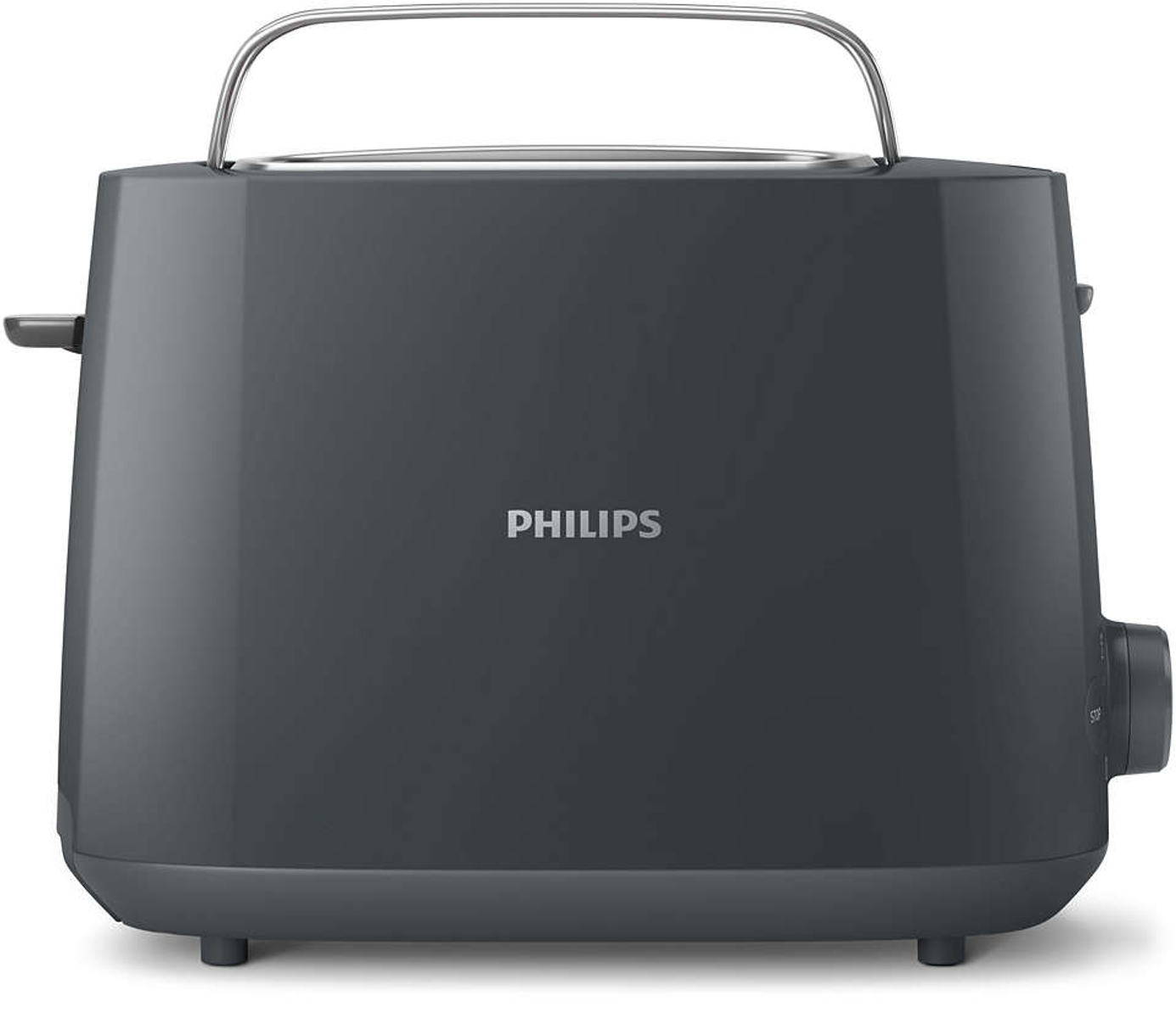 Een grijze Philips broodrooster op een wit oppervlak. De broodrooster heeft een handvat en een draaiknop.