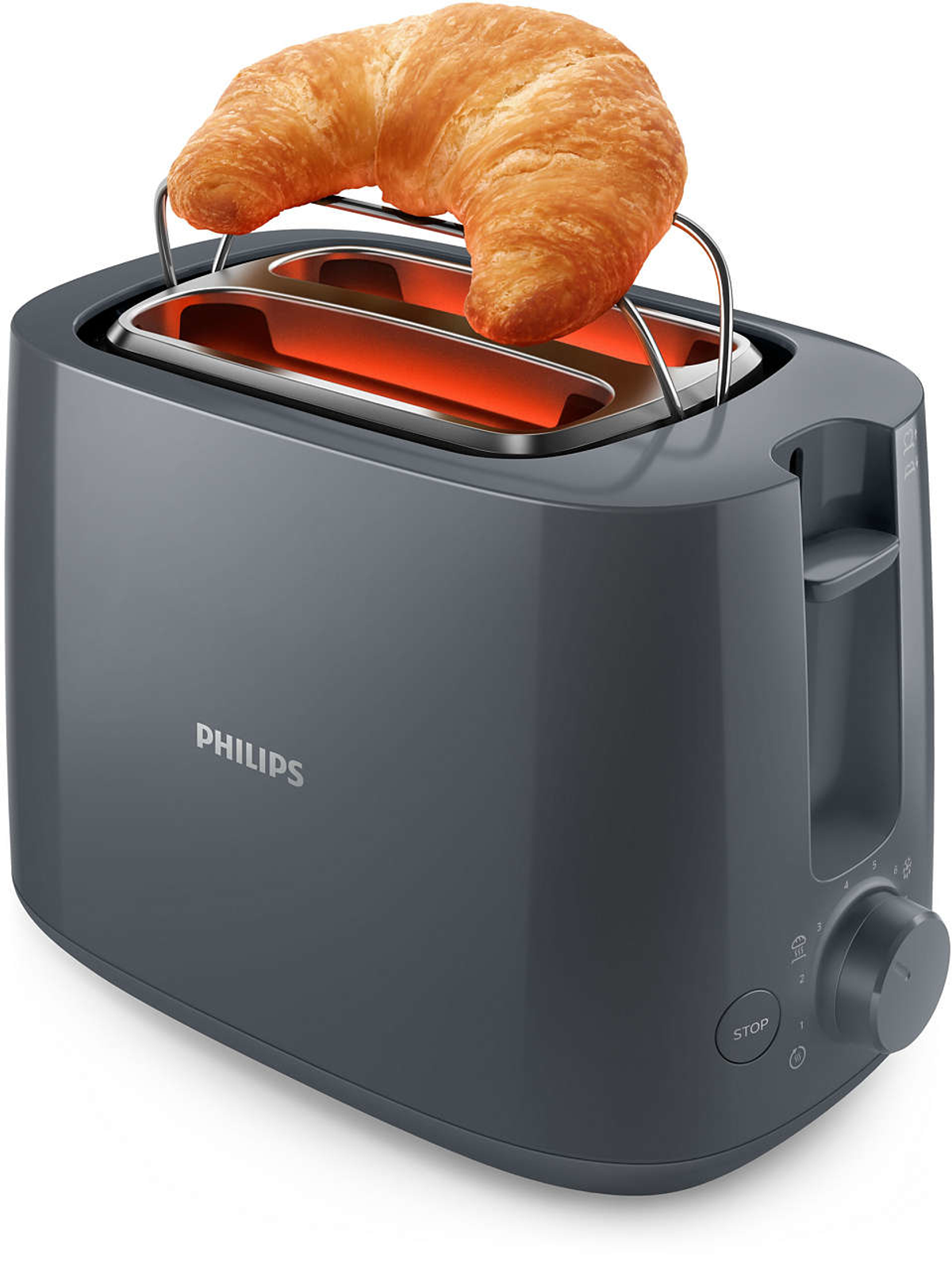 Grijze Philips broodrooster met een croissant erop, het verwarmingselement is zichtbaar.