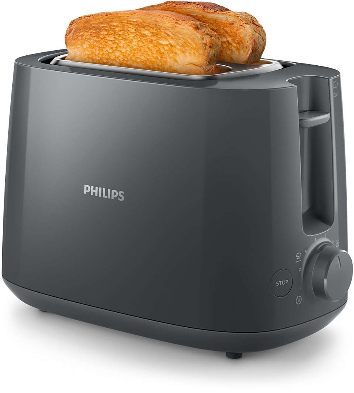 Een grijze broodrooster met twee sneetjes geroosterd brood op witte achtergrond.
