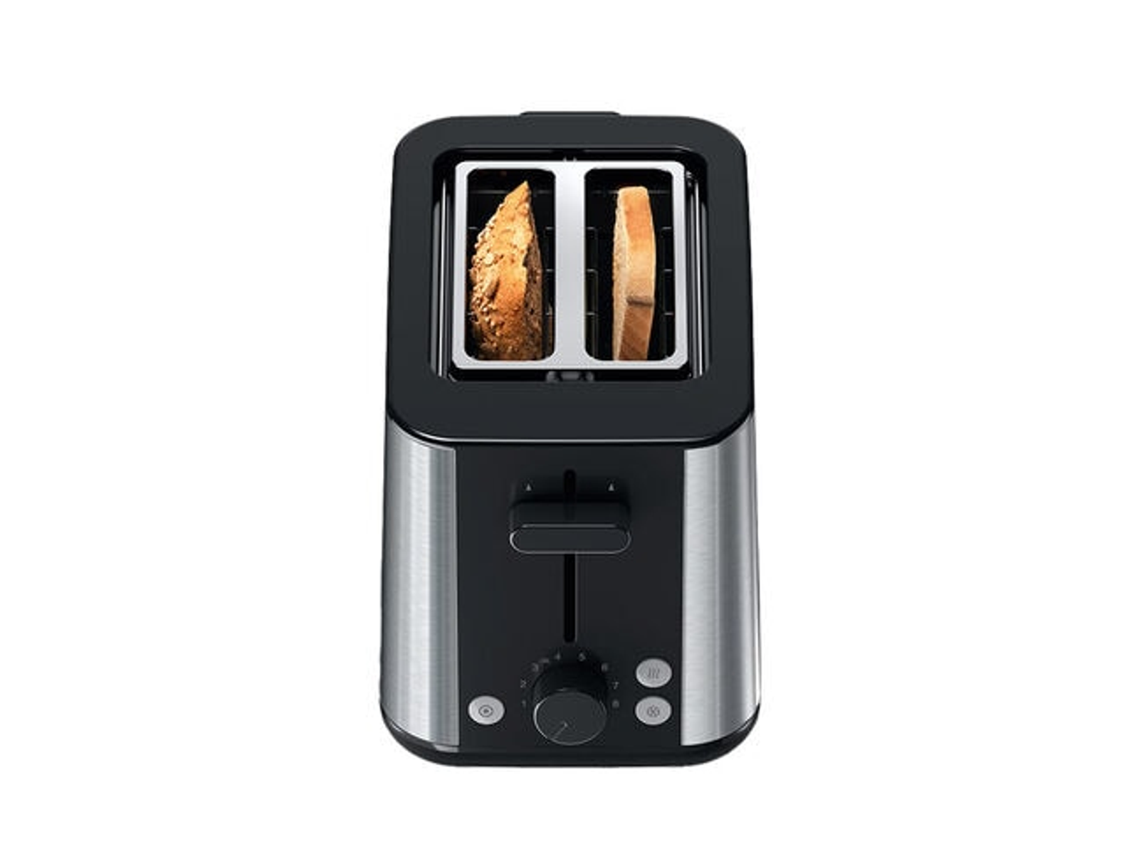 Czarny i srebrny toster z dwoma kromkami tostów w środku.