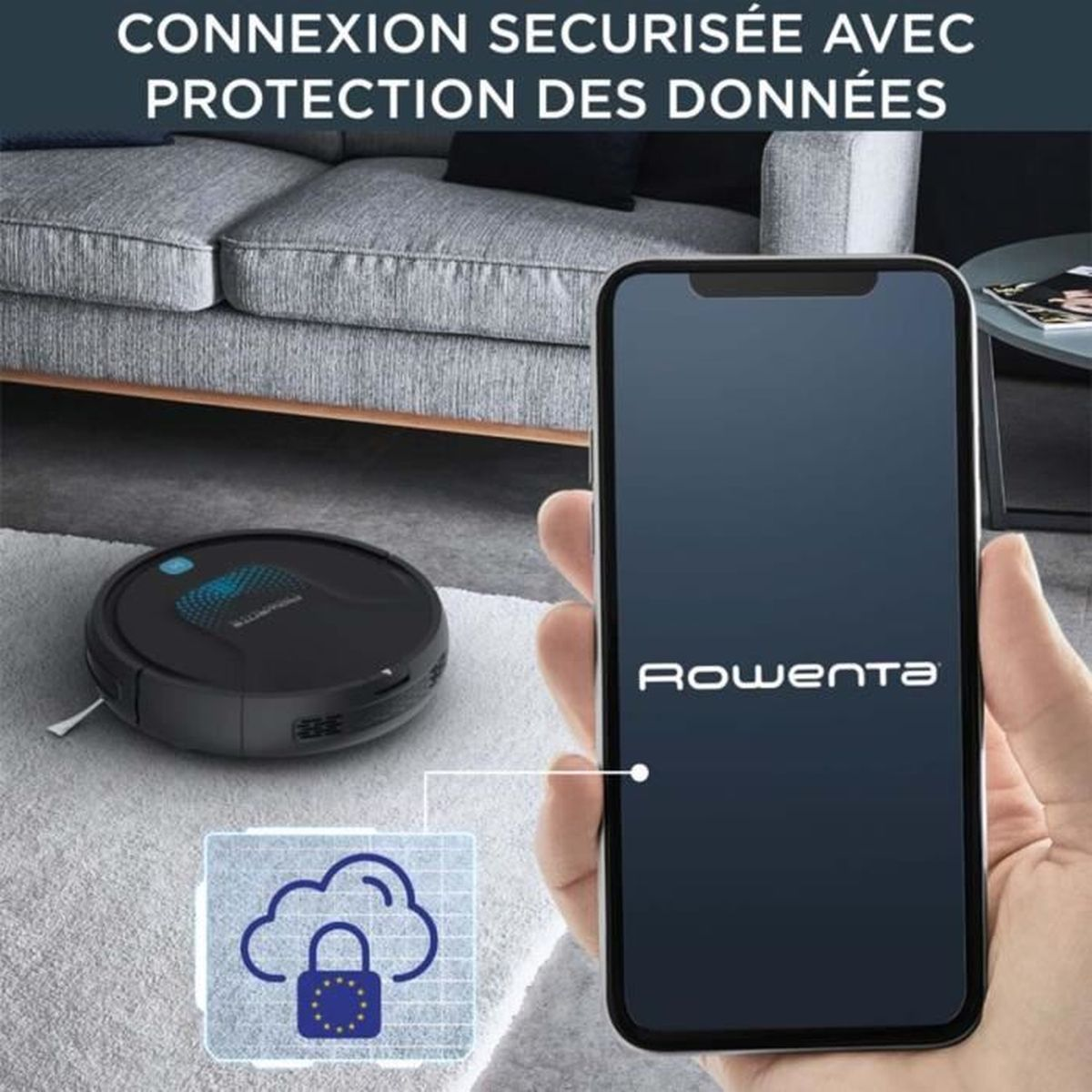 Een Rowenta robotstofzuiger staat op een kleed. Een telefoon toont een beveiligde verbinding met gegevensbescherming.