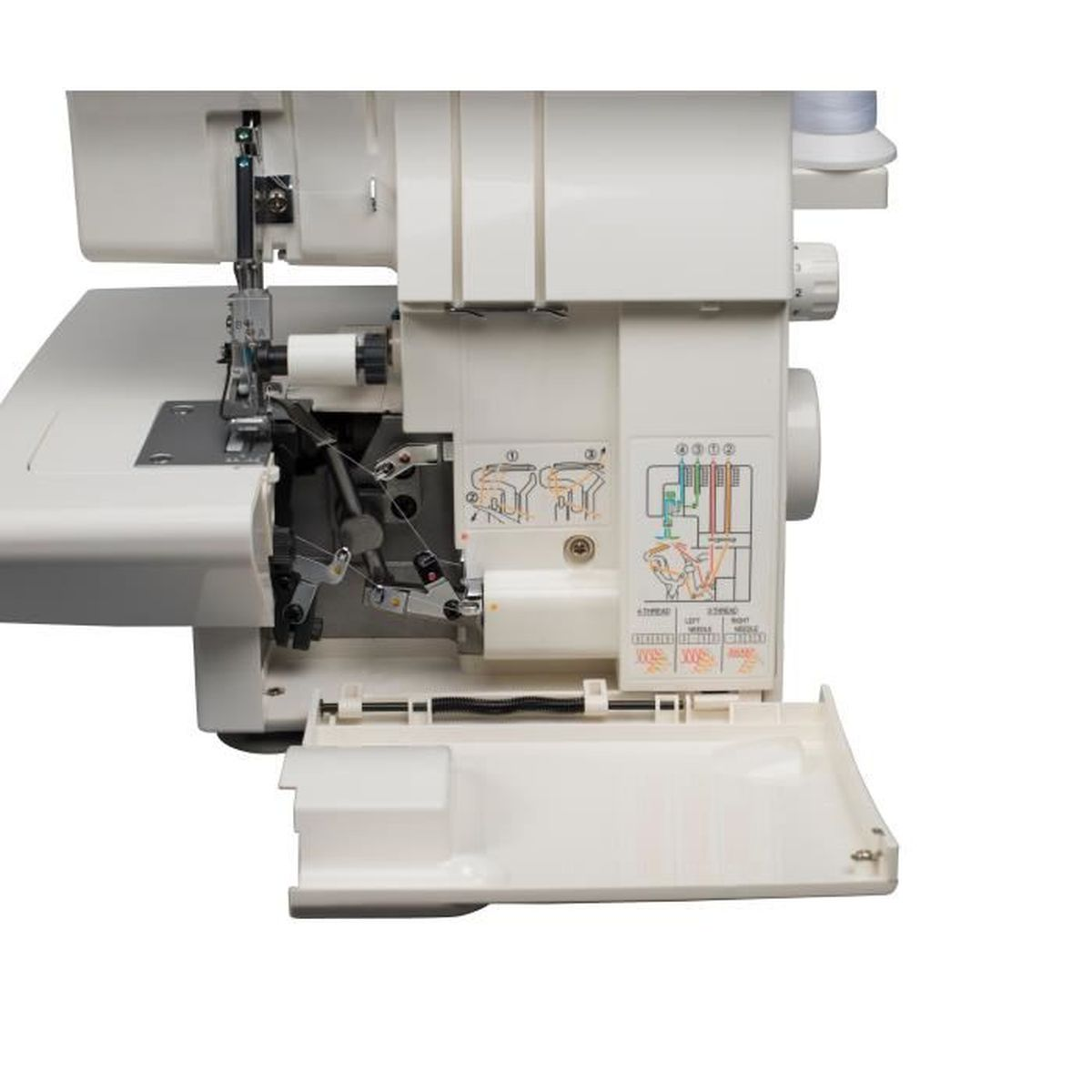 Biała maszyna do szycia z otwartą pokrywą. Widoczne części wewnętrzne.