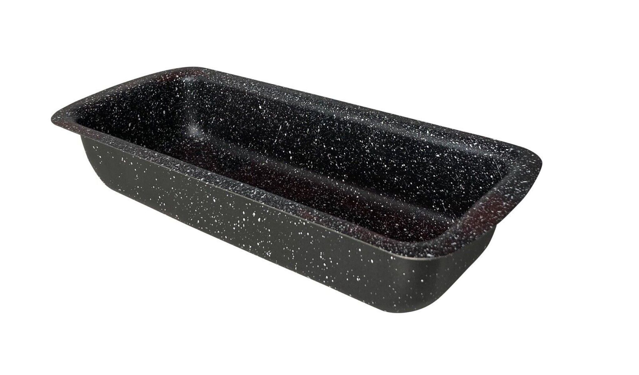 Schwarz-weiß gesprenkelte Brotbackform mit rechteckiger Form, auf weißem Hintergrund.