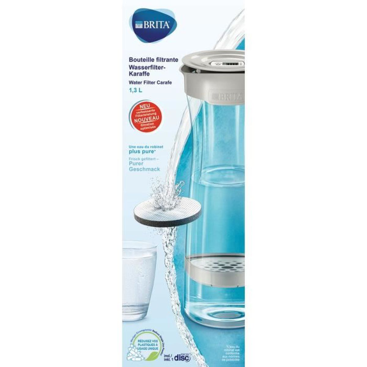 Caraffa filtrante trasparente con acqua che versa. Un bicchiere d'acqua è accanto.
