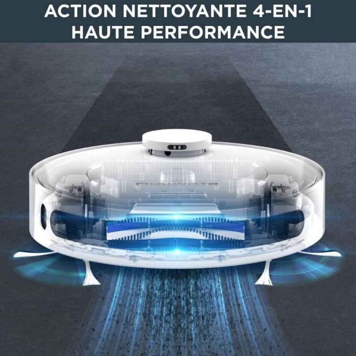 Robot odkurzający, przezroczysty wierzch, niebieskie szczotki, z tekstem "ACTION NETTOYANTE 4-EN-1".