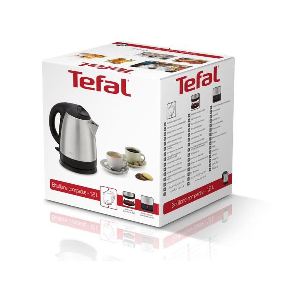 Scatola Tefal che mostra un bollitore argentato e altri prodotti.