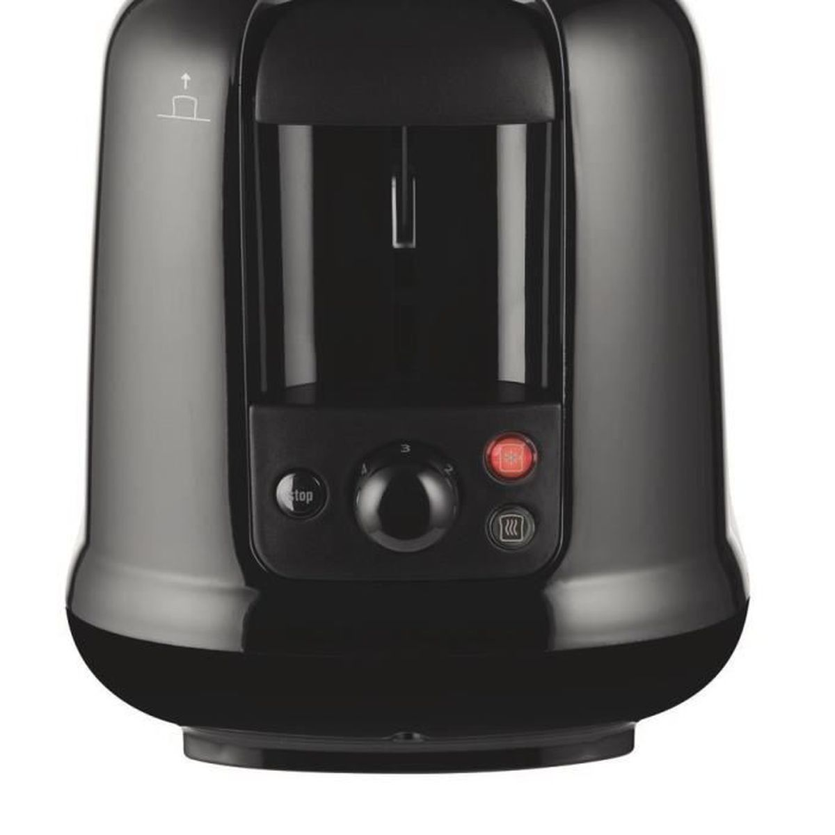 Ein schwarzer Toaster mit Stopptaste und einem Drehregler zur Einstellung der Toaststufe.