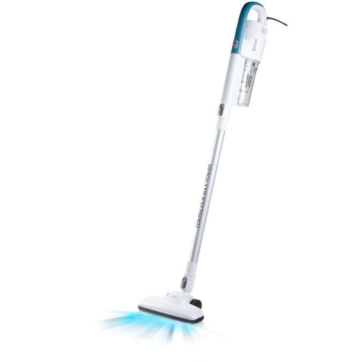Kabelloser Staubsauger. Weiß und Silber, blaues Licht auf dem Boden, Winkelaufnahme.