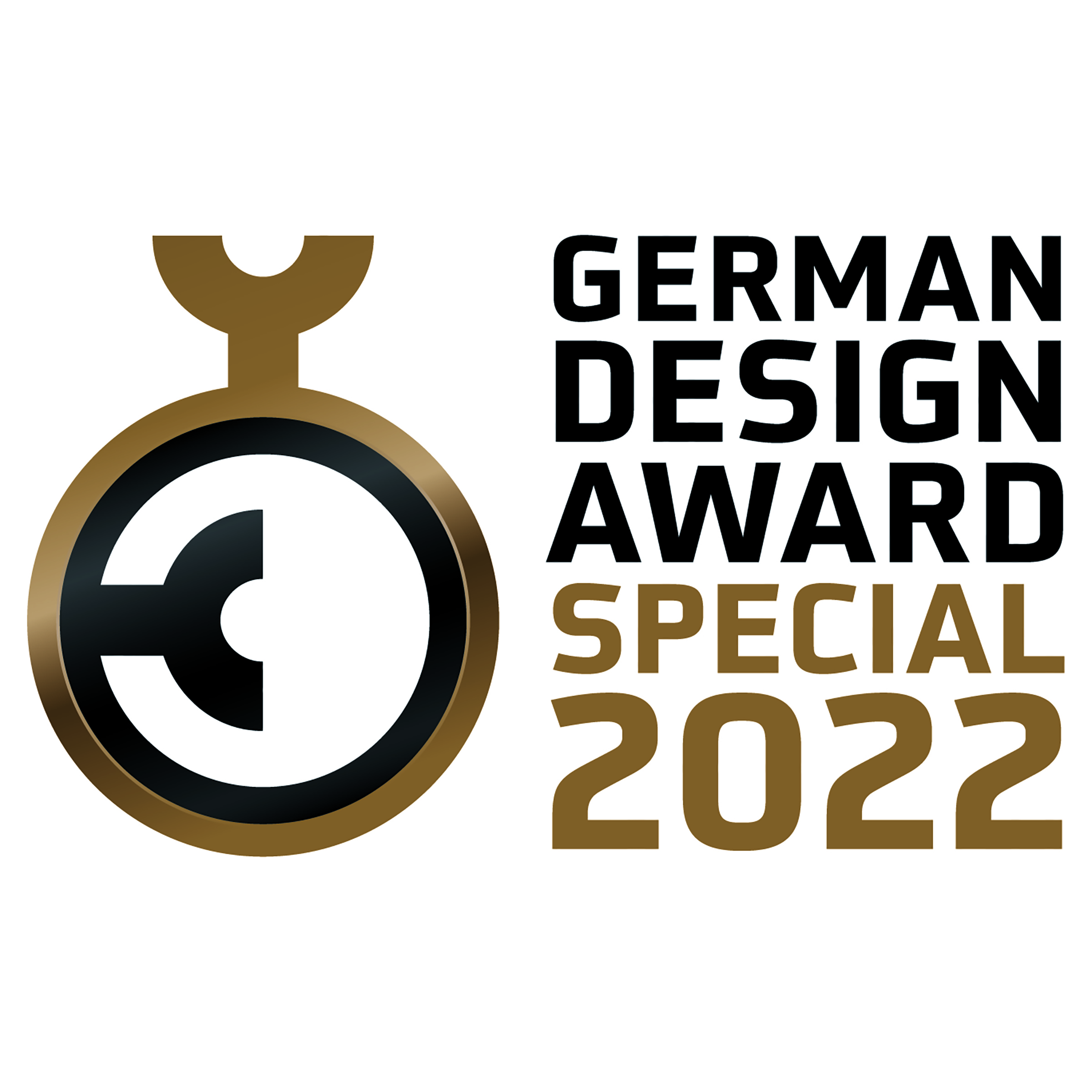 Deutscher Designpreis 2022 Logo, Goldmedaille mit schwarz-weißem Symbol, fetter Text.