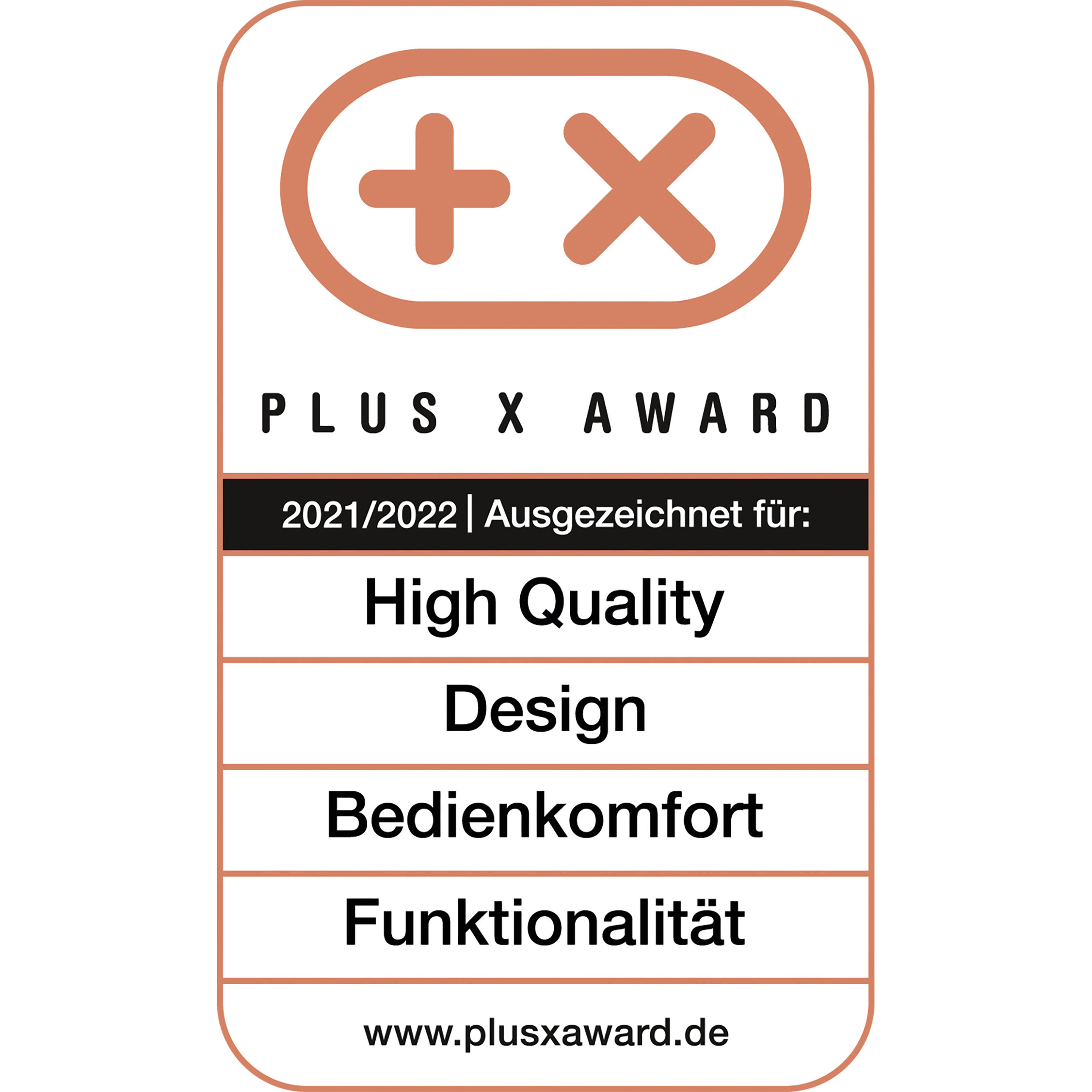 Un logo Plus X Award. Ha un simbolo più e una X. Il testo dice: Alta qualità, Design, Bedinkomfort e Funzione.