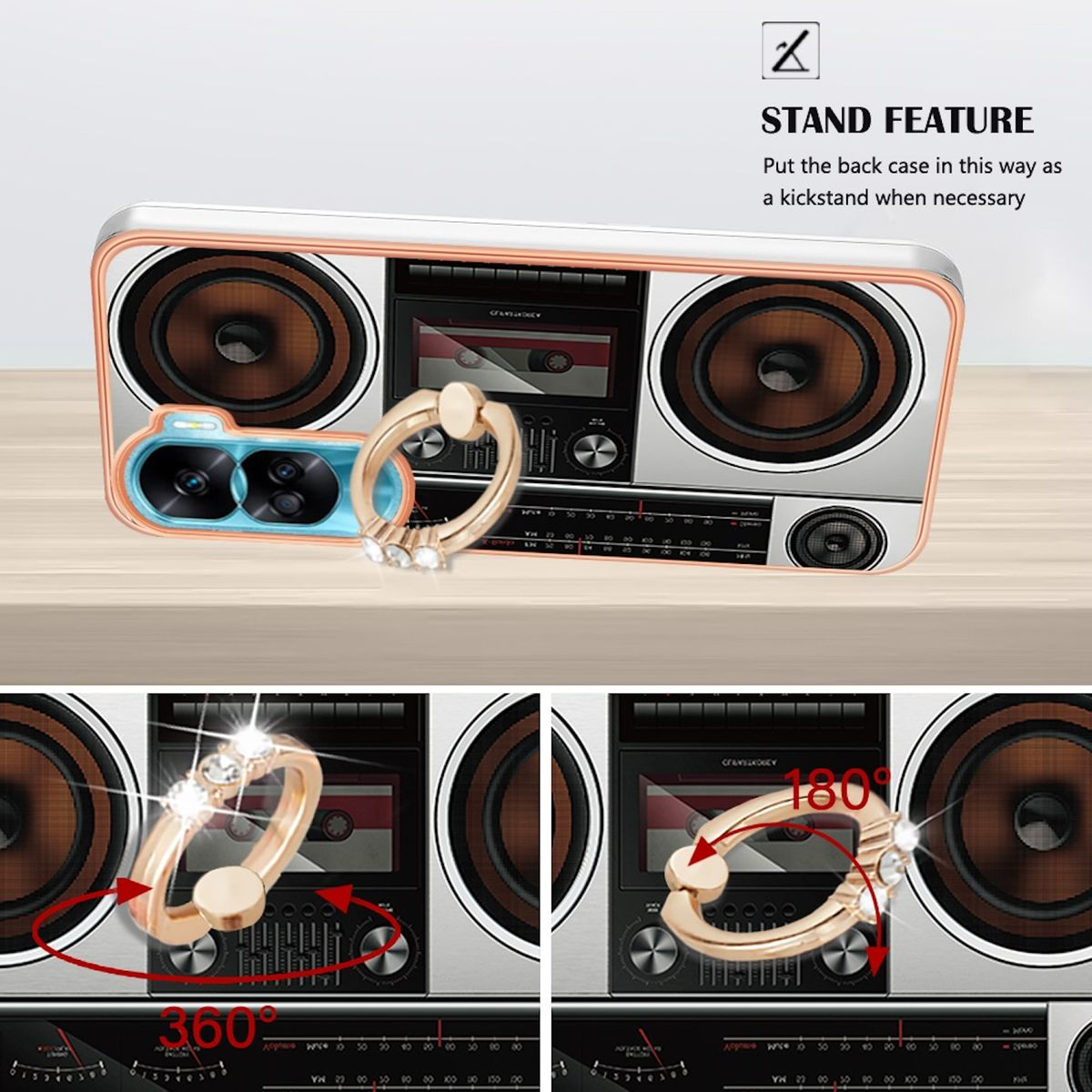 Handyhülle mit Ringständer im Retro-Radio-Design mit Telefonständerfunktion.