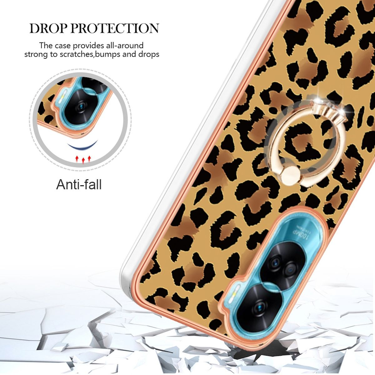 Handyhülle mit Leopardenmuster und Ringhalter. Text: 'DROP PROTECTION'.