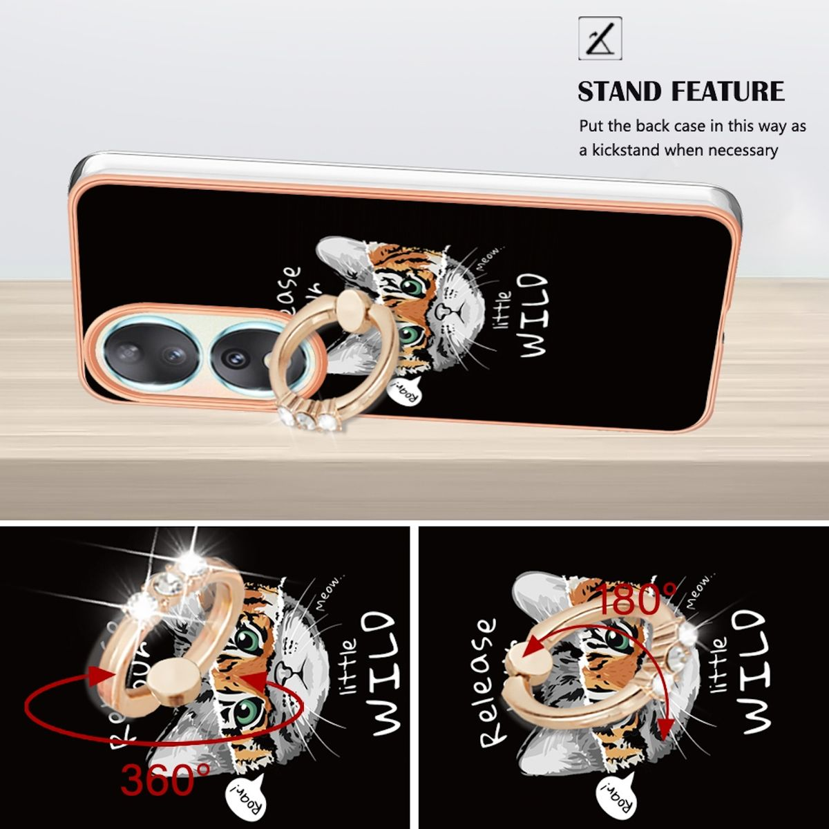 Eine Handyhülle mit Tiger-Design auf der Rückseite und einer Ständerfunktion. Auch 360-Grad-Drehung.