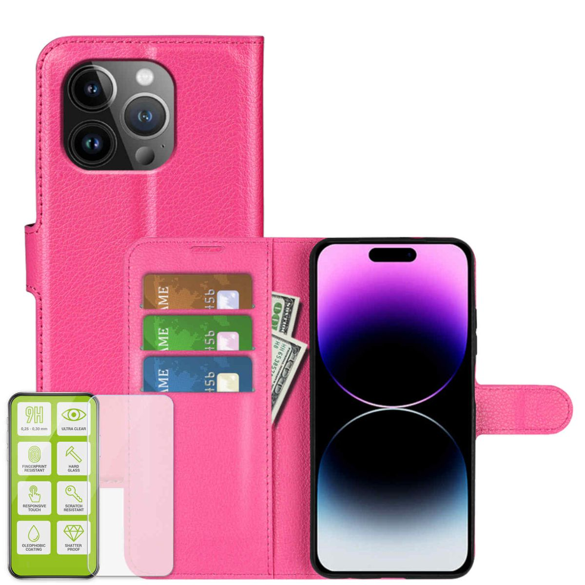 Apple, Pink Pro, H9 + Book Backcover, WIGENTO Tasche Hart Folie, Wallet iPhone Glas Produktset 15
