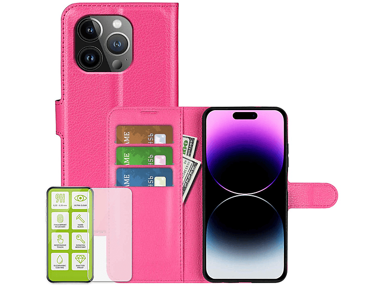 Tasche Apple, Book Backcover, Pro, iPhone Glas 15 Wallet WIGENTO Pink H9 + Folie, Hart Produktset
