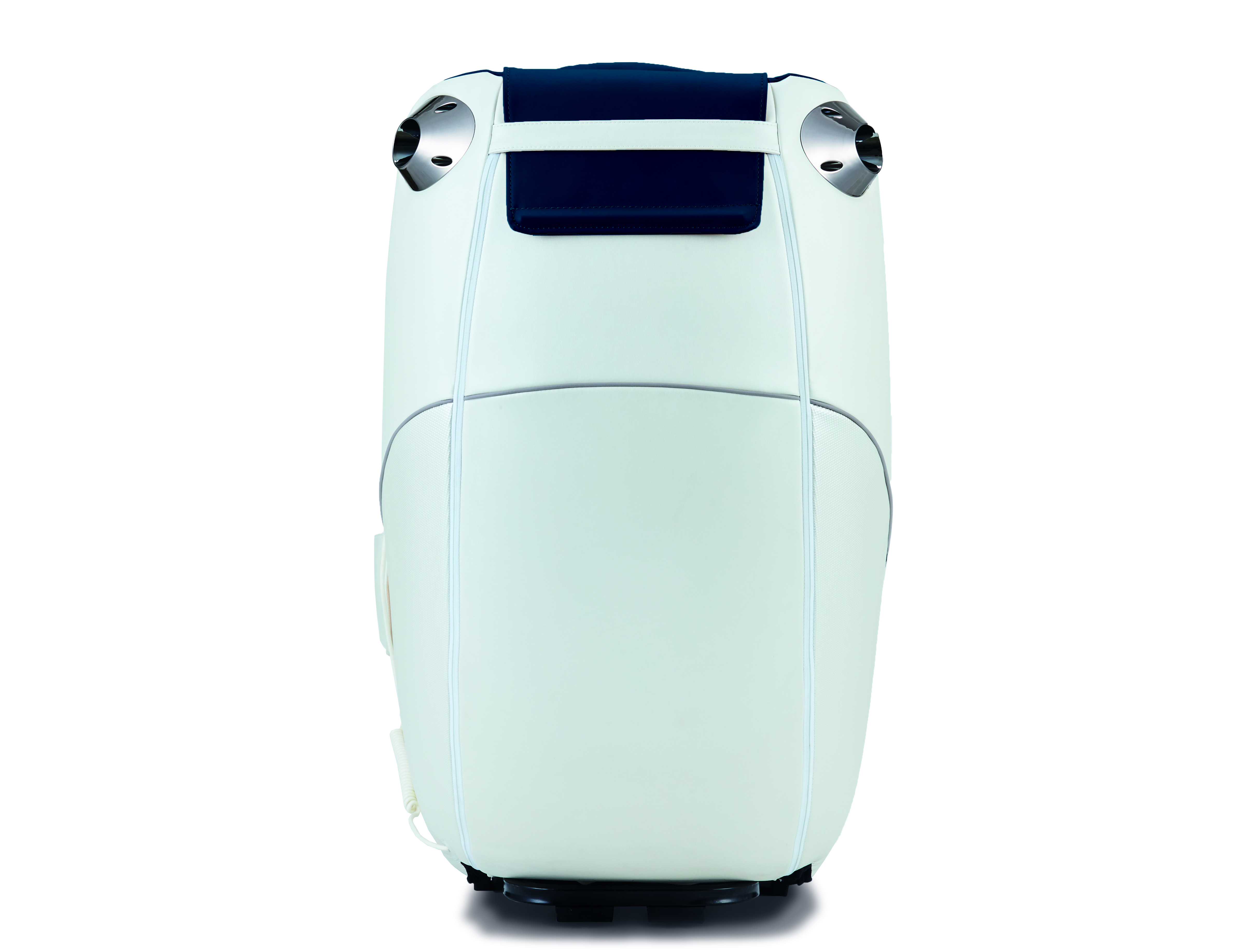 White, rounded object, possibly a massage device, with chrome accents and dark blue top.