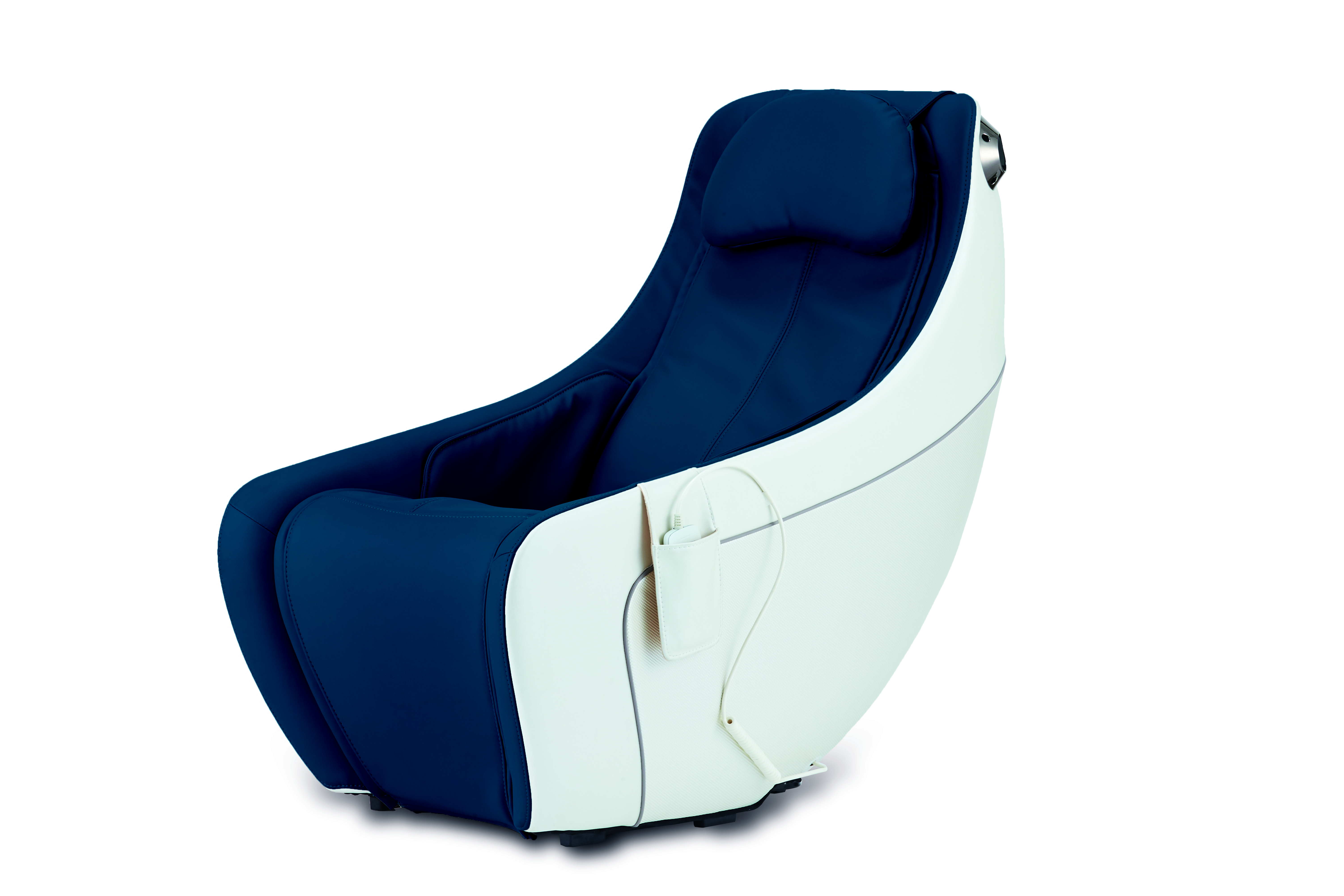 Modern massage chair, dark blue and white. Curved back, side pocket and headrest visible.