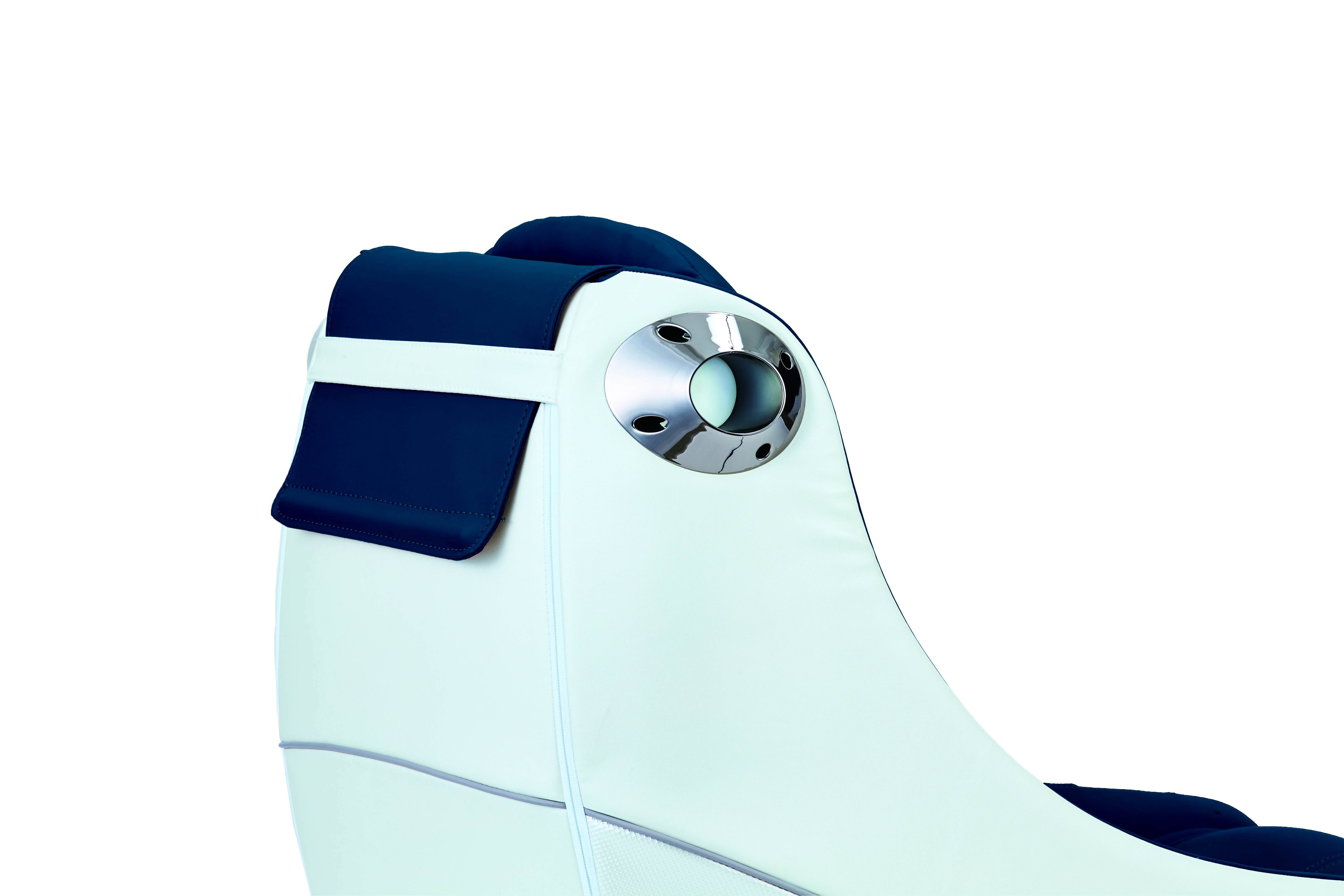 White and blue massage chair. The headrest has a chrome circle and a dark blue padded section.