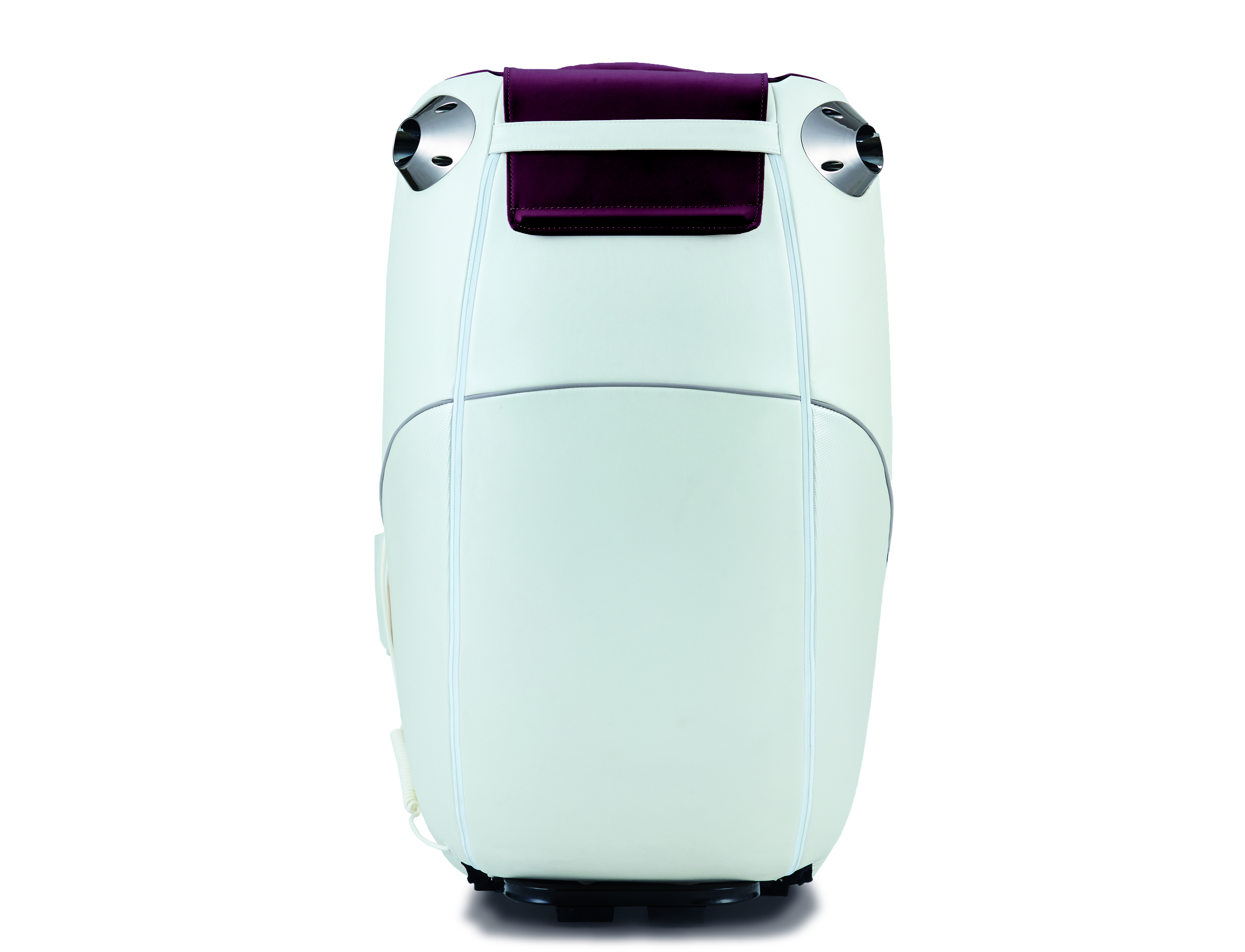 White massage chair from the back with a burgundy headrest.