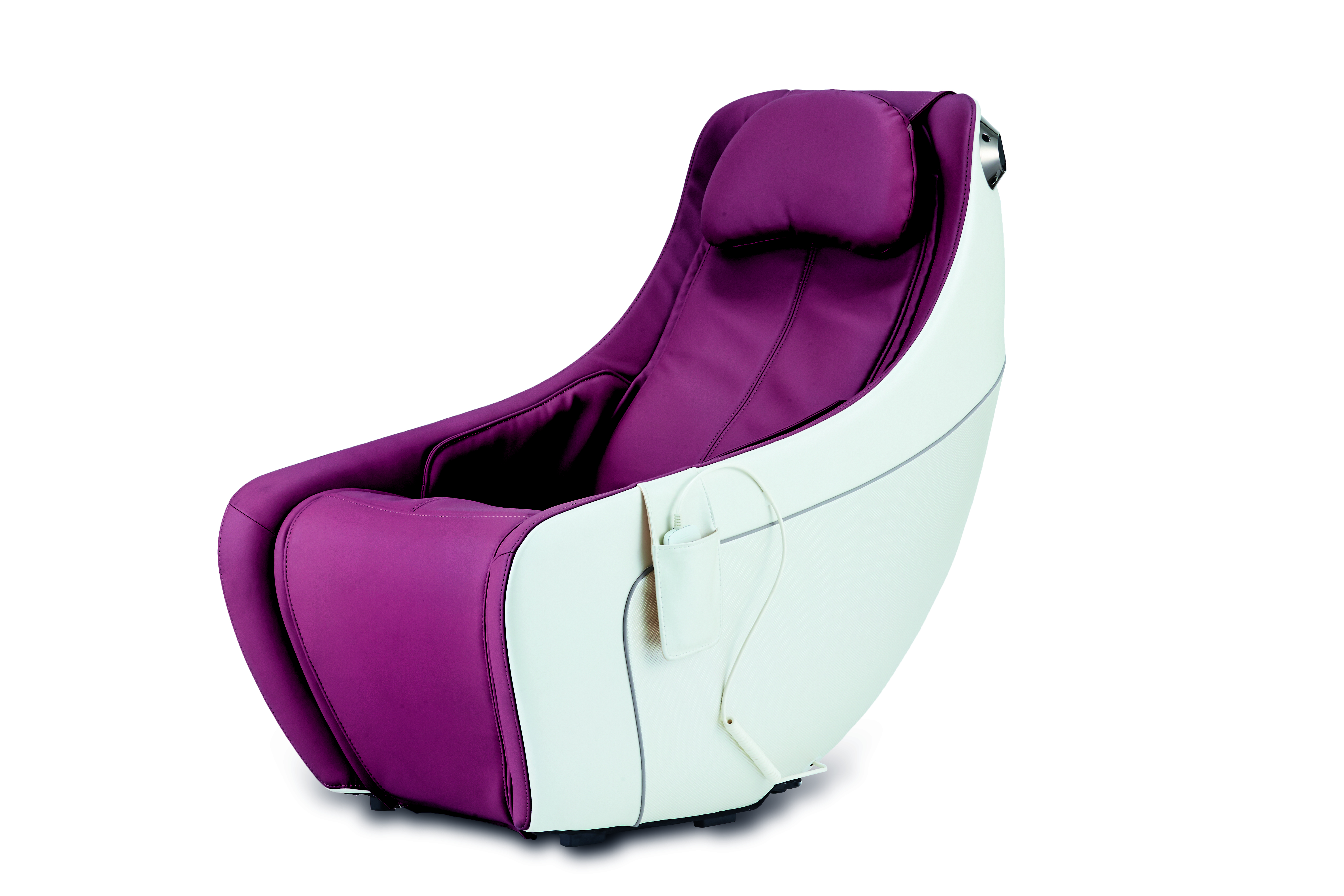 Massage chair in a white room. The chair is burgundy and white with a pillow.