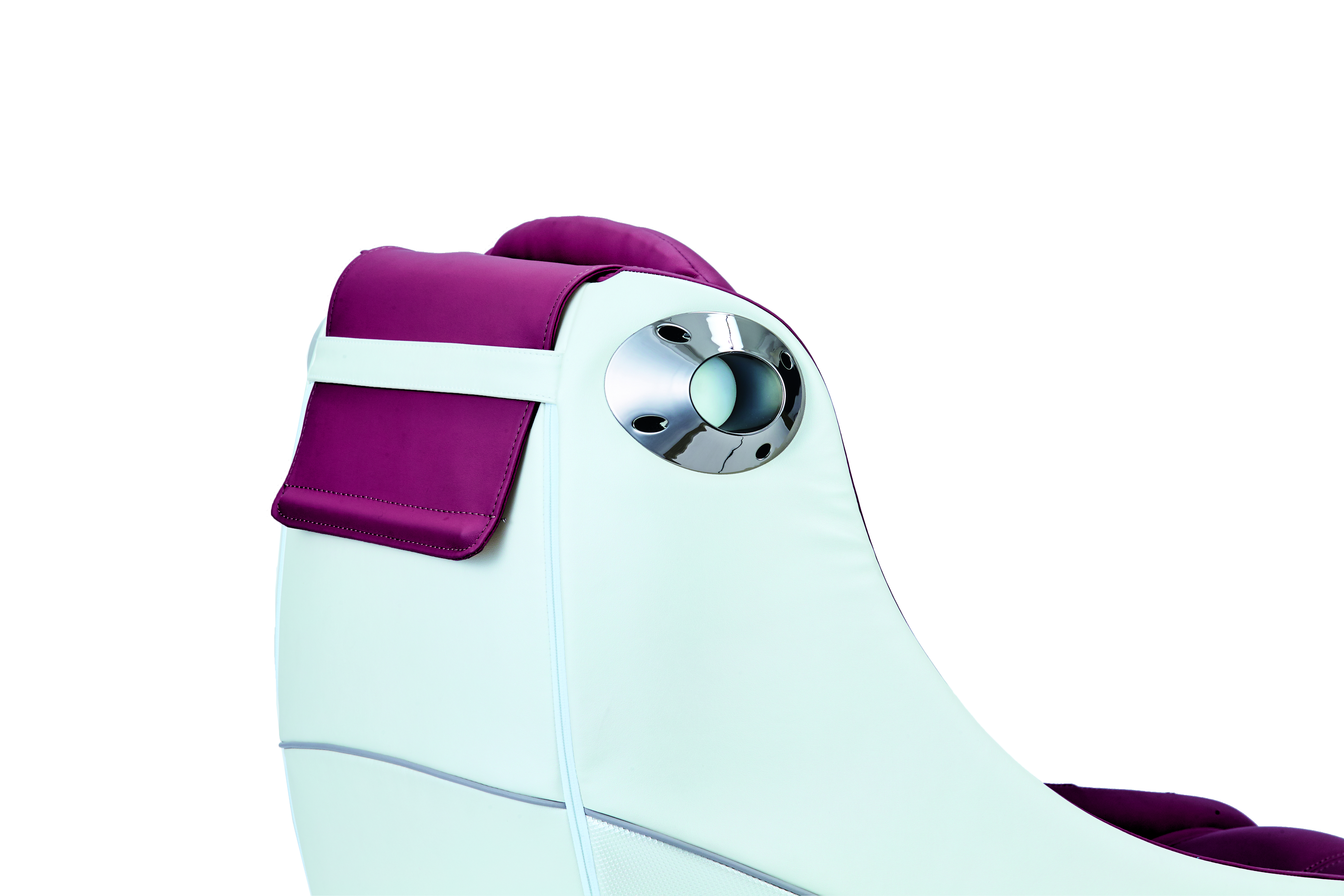 Close-up of a white massage chair headrest. It has burgundy leather and a silver speaker.