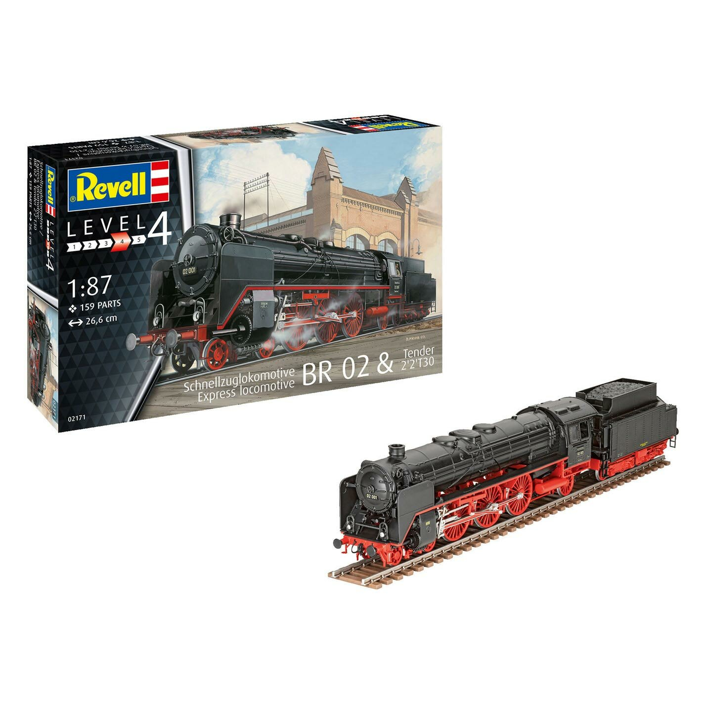 Modeltreinset doos en trein. Zwarte locomotief met rode wielen. Witte achtergrond.