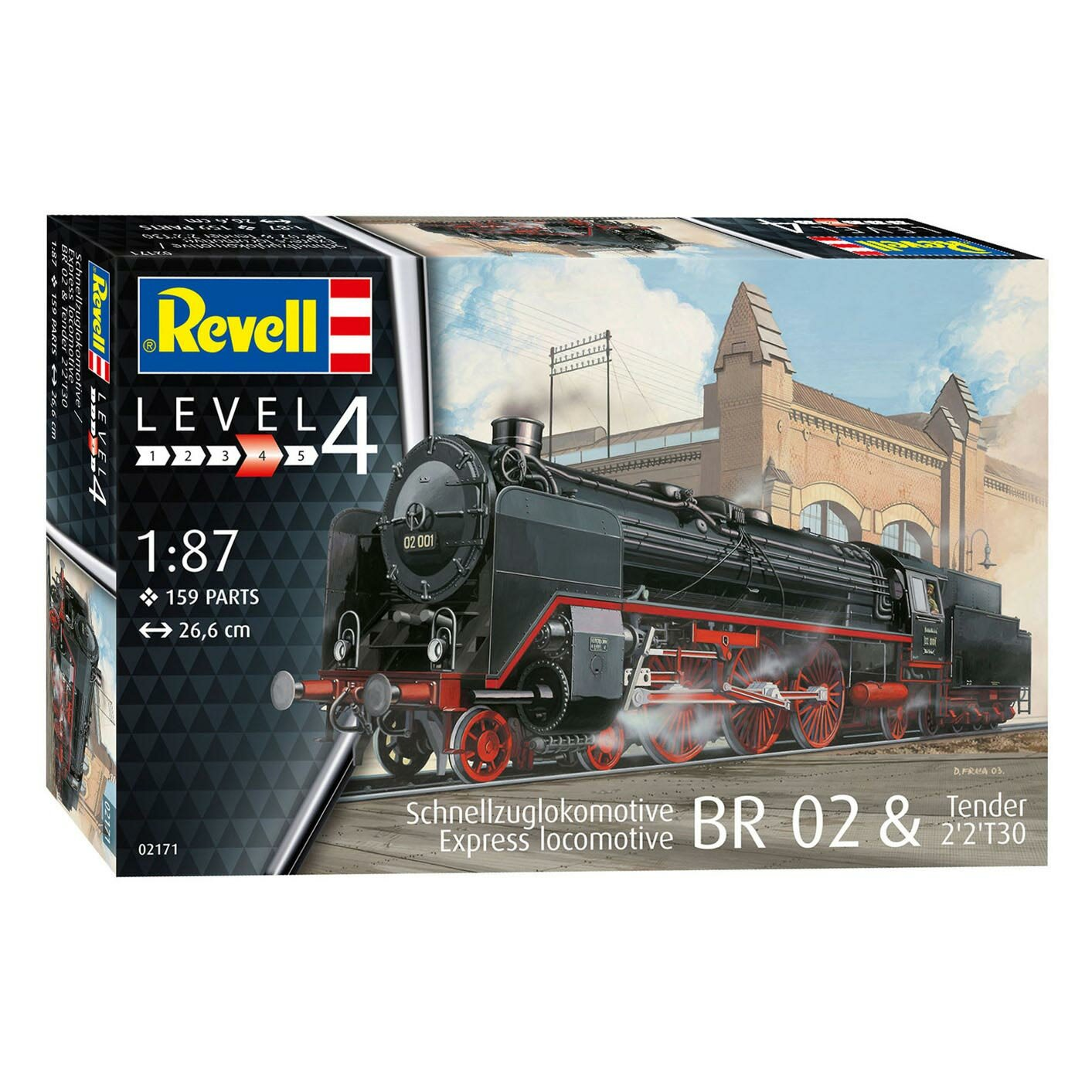 Modeltreinbox met treinbeeld, zwarte stoomlocomotief en rode wielen, niveau 4.