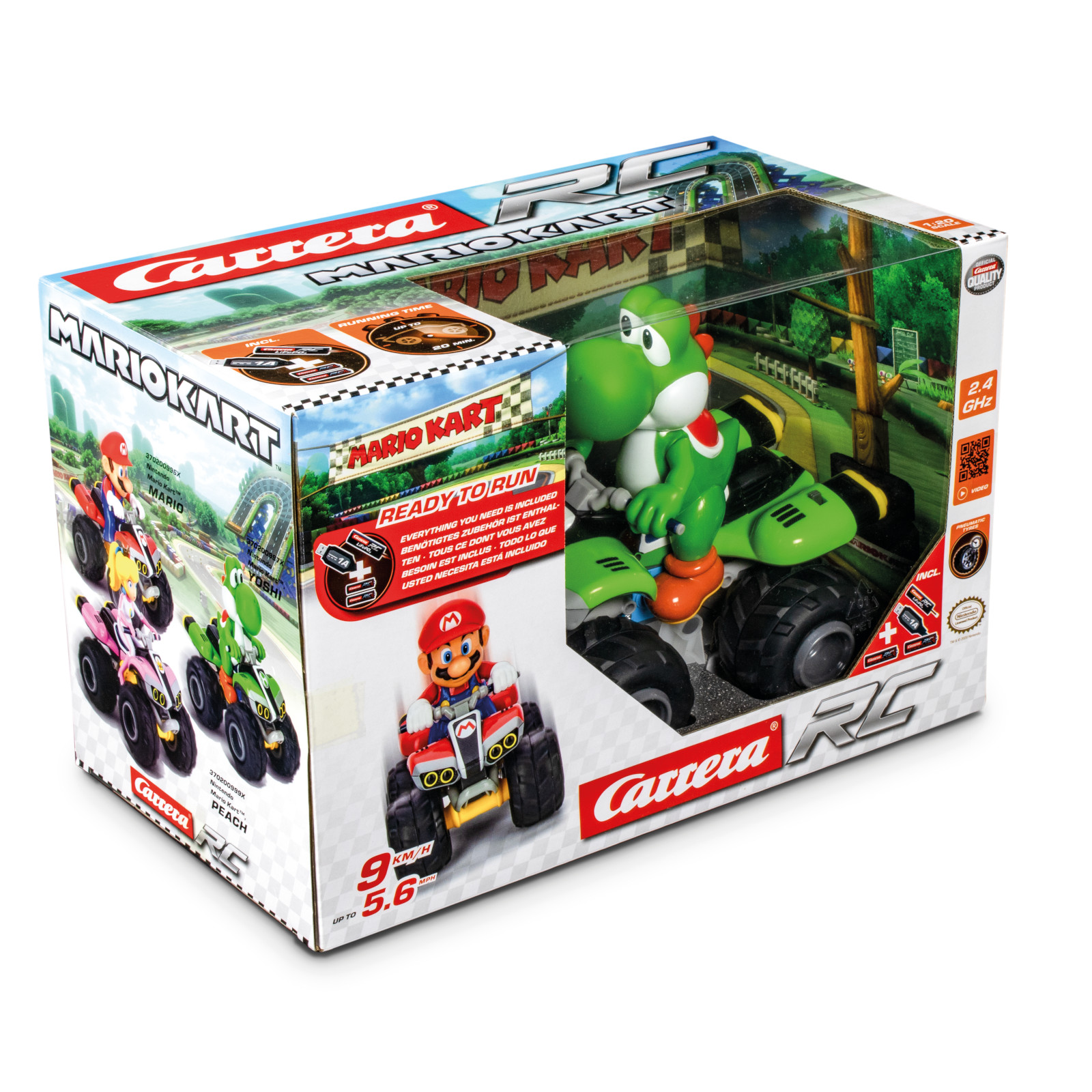 Mario Kart RC-Auto-Spielzeug in der Box. Yoshi-Figur auf grünem ATV. Box zeigt andere Autos und Mario-Figur.