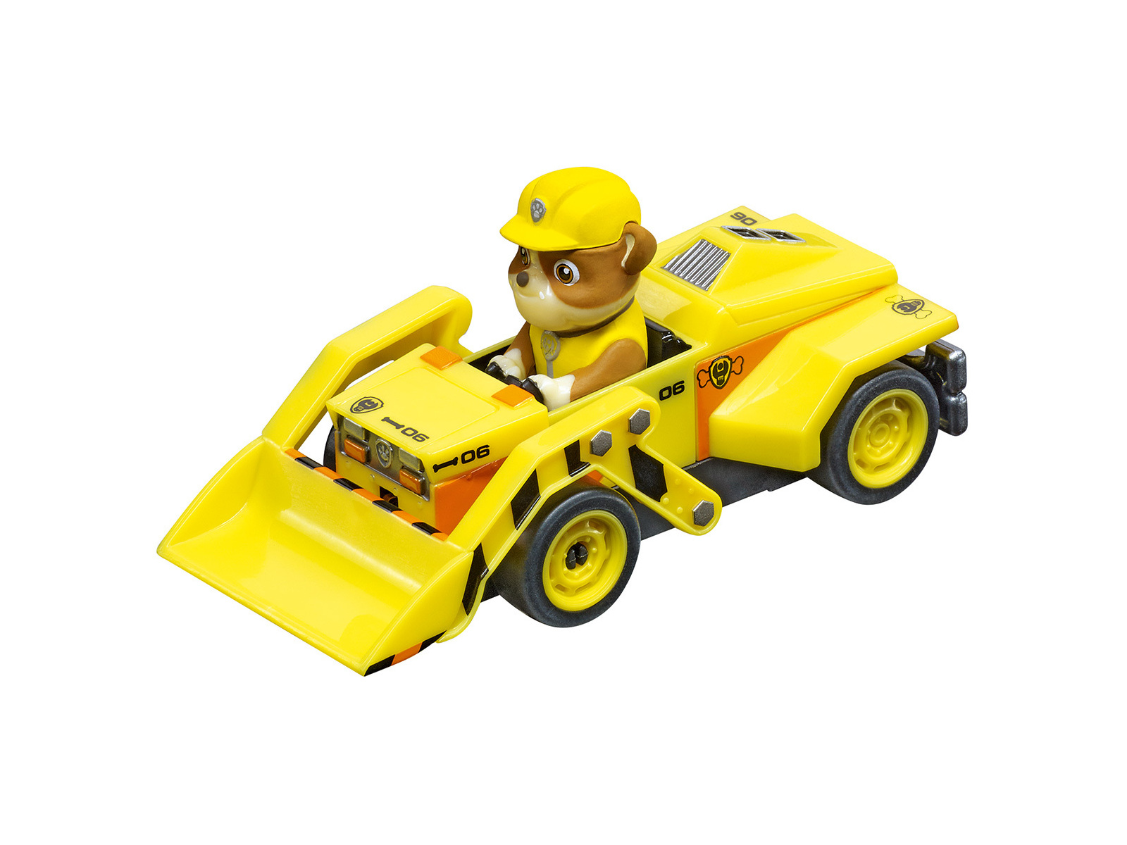 Ein gelber Spielzeug-LKW mit Hundefahrer. Er hat einen Frontlader, der Hund trägt einen Helm.