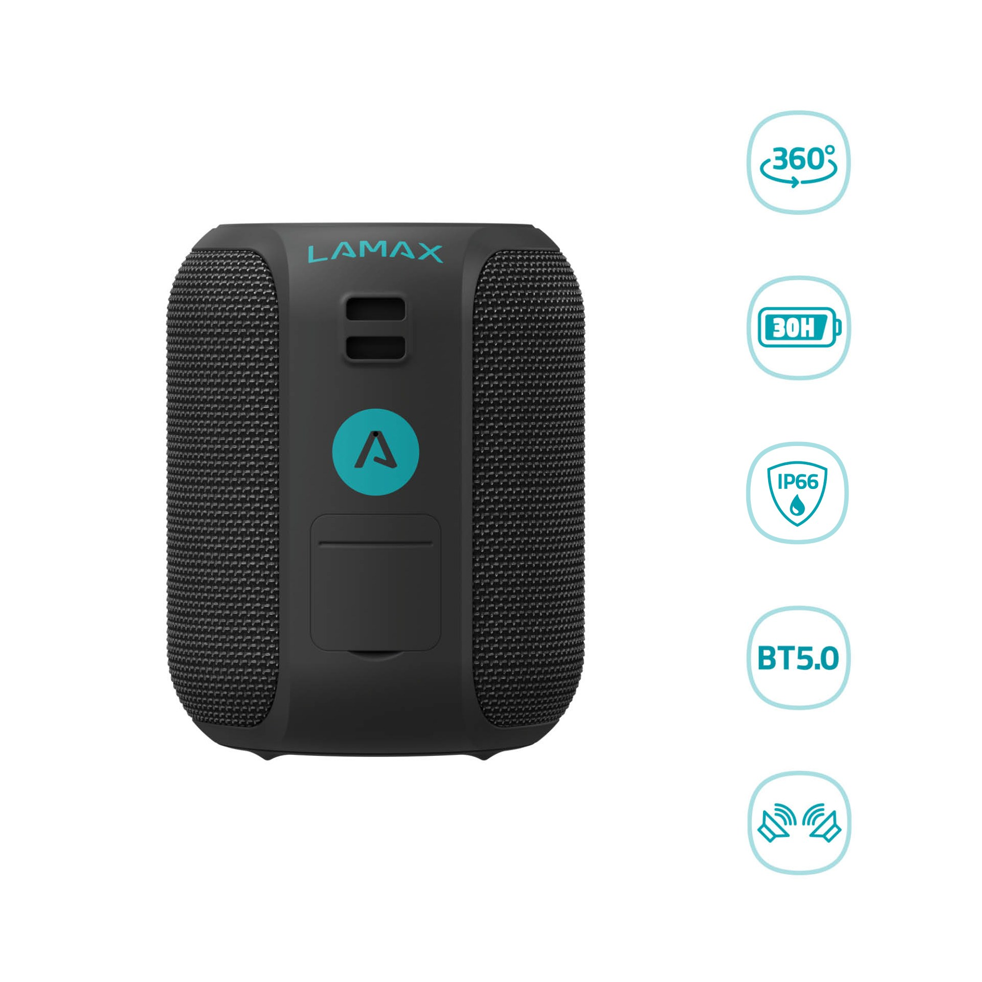 Czarny, cylindryczny głośnik Lamax z bocznymi przyciskami i wskaźnikami na białym tle.